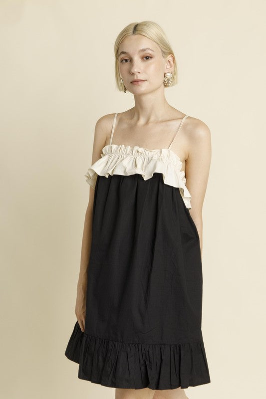 Color Block Ruffle Mini Dress - Black