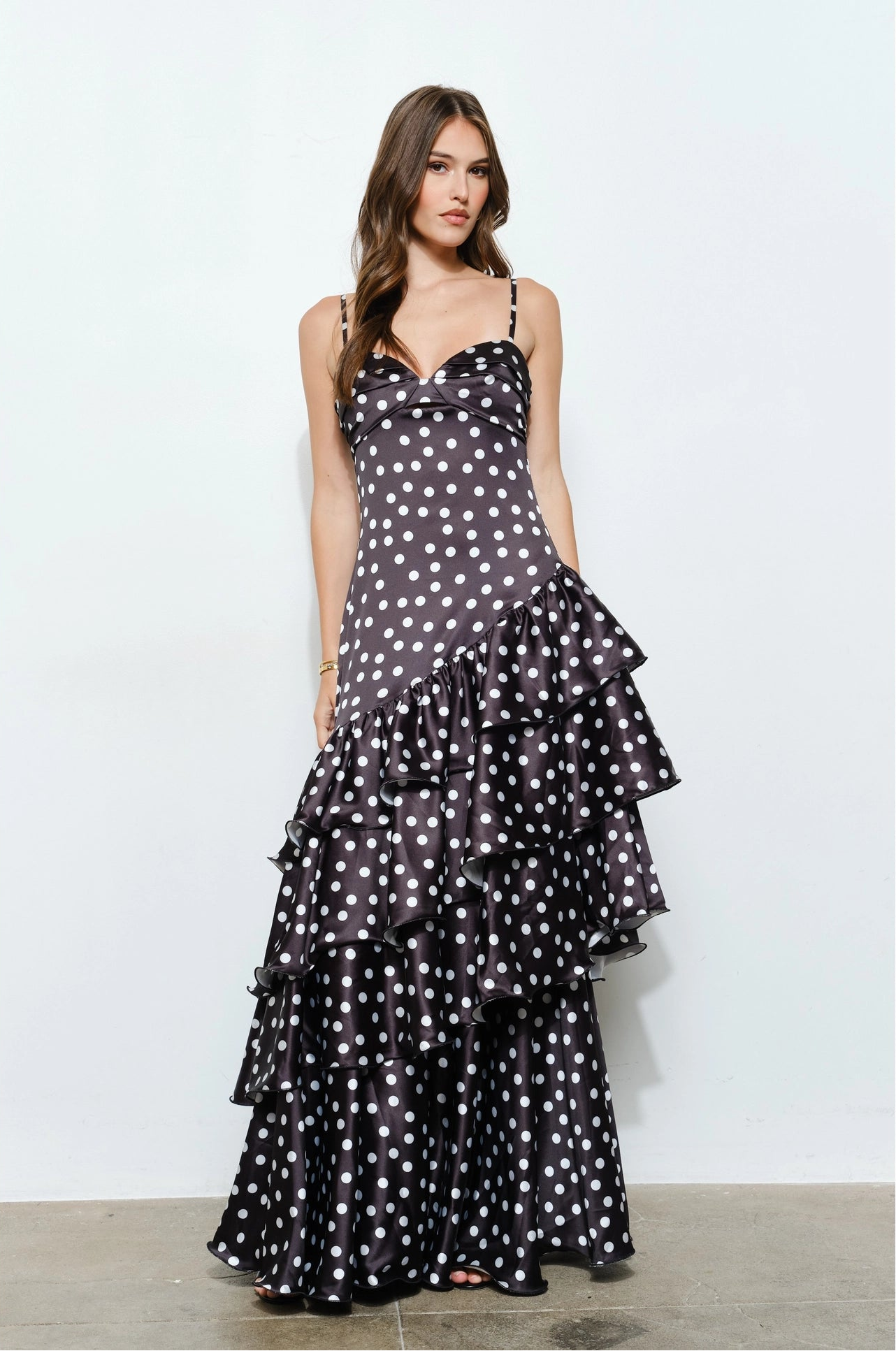 Satin Polka Dot Ruffle Maxi Dress - Black
