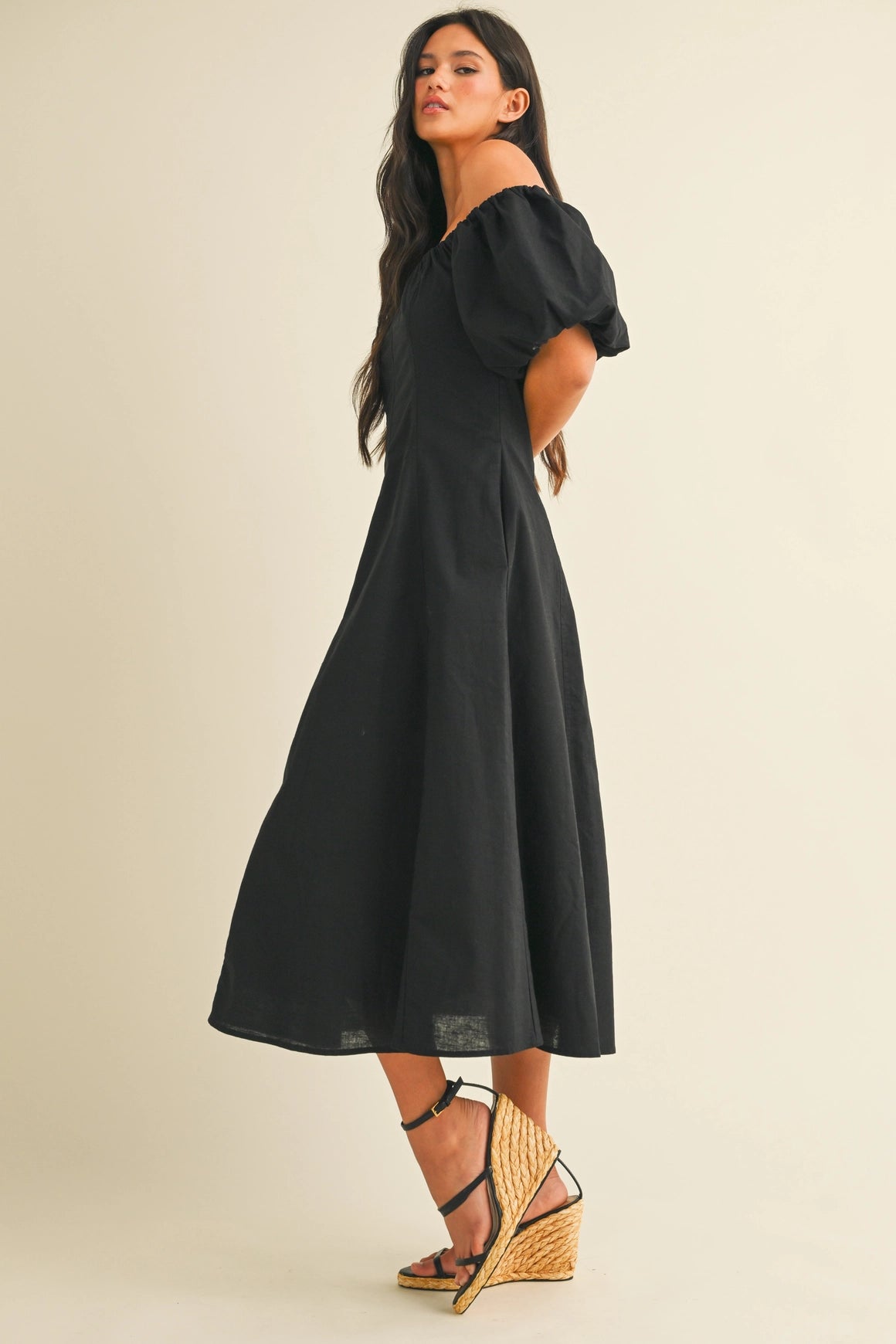 Off Shoulder A-Line Midi Dress - Black