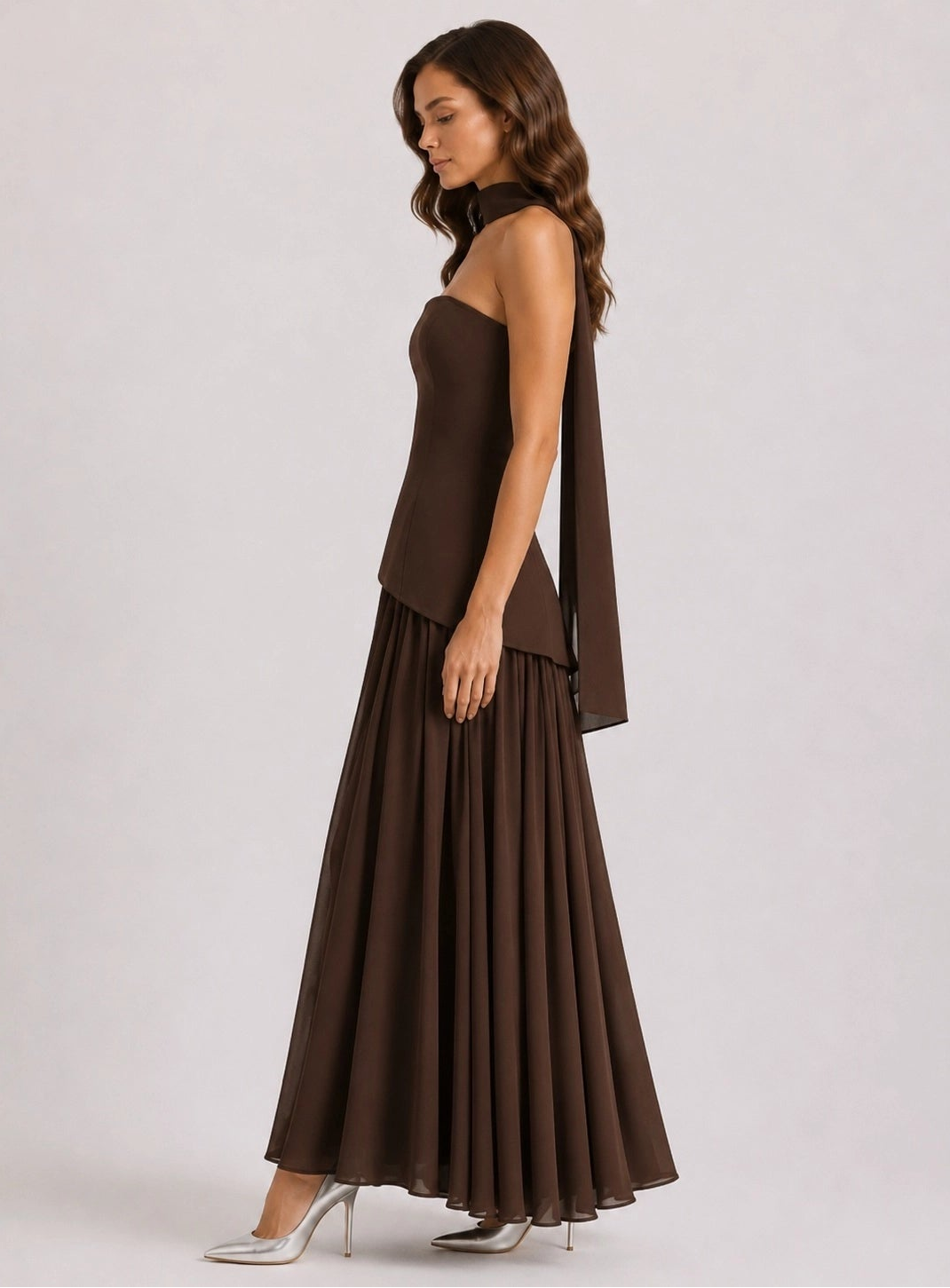 Strapless Lace Up Maxi Dress - Brown