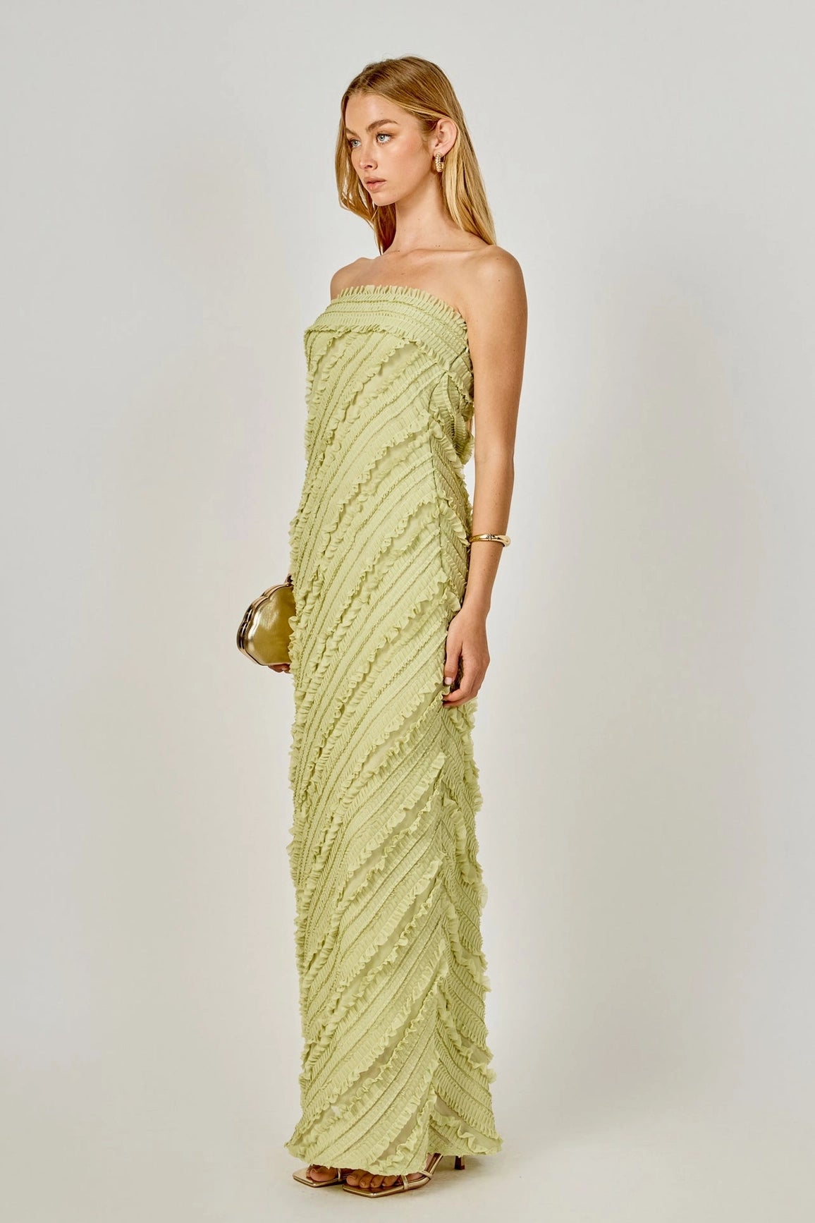 Endless Rose - Strapless Ruffled Maxi Dress - Pistachio
