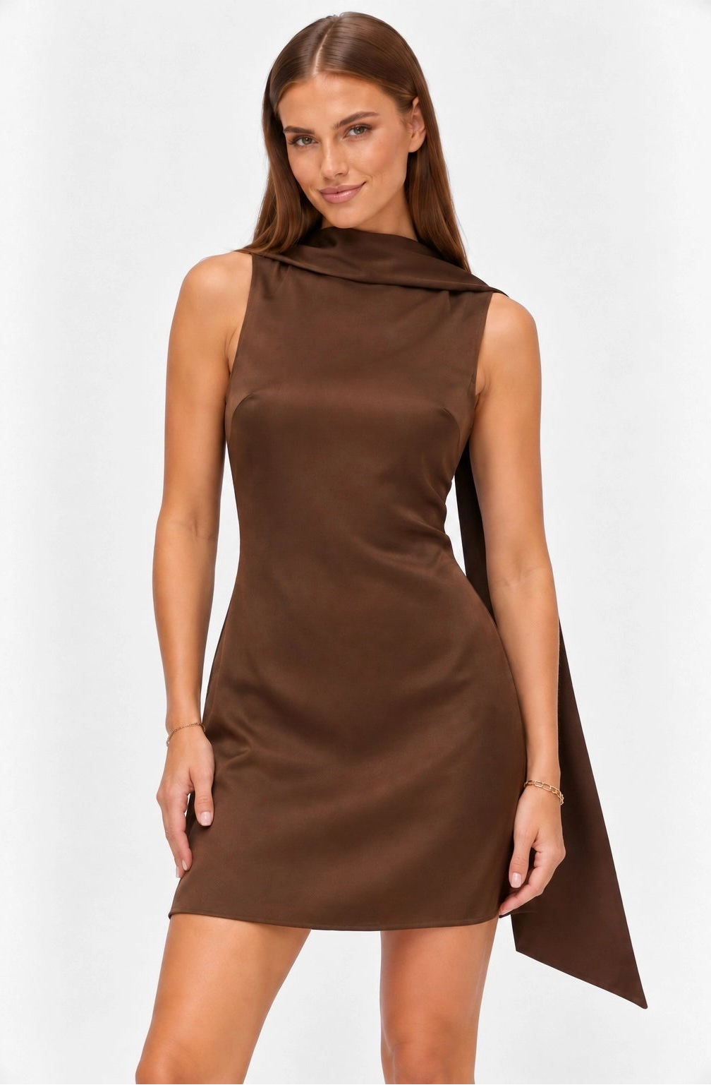 Satin Draped Scarf Mini Dress - Brown