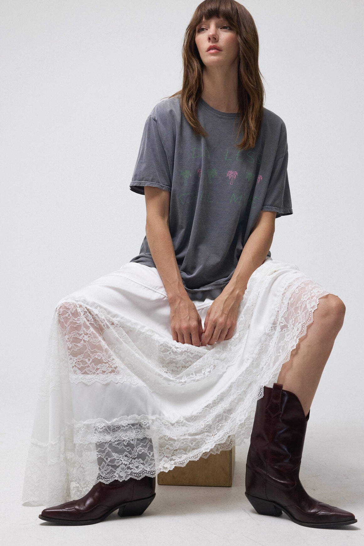 Asymmetrical Lace Satin Midi Skirt