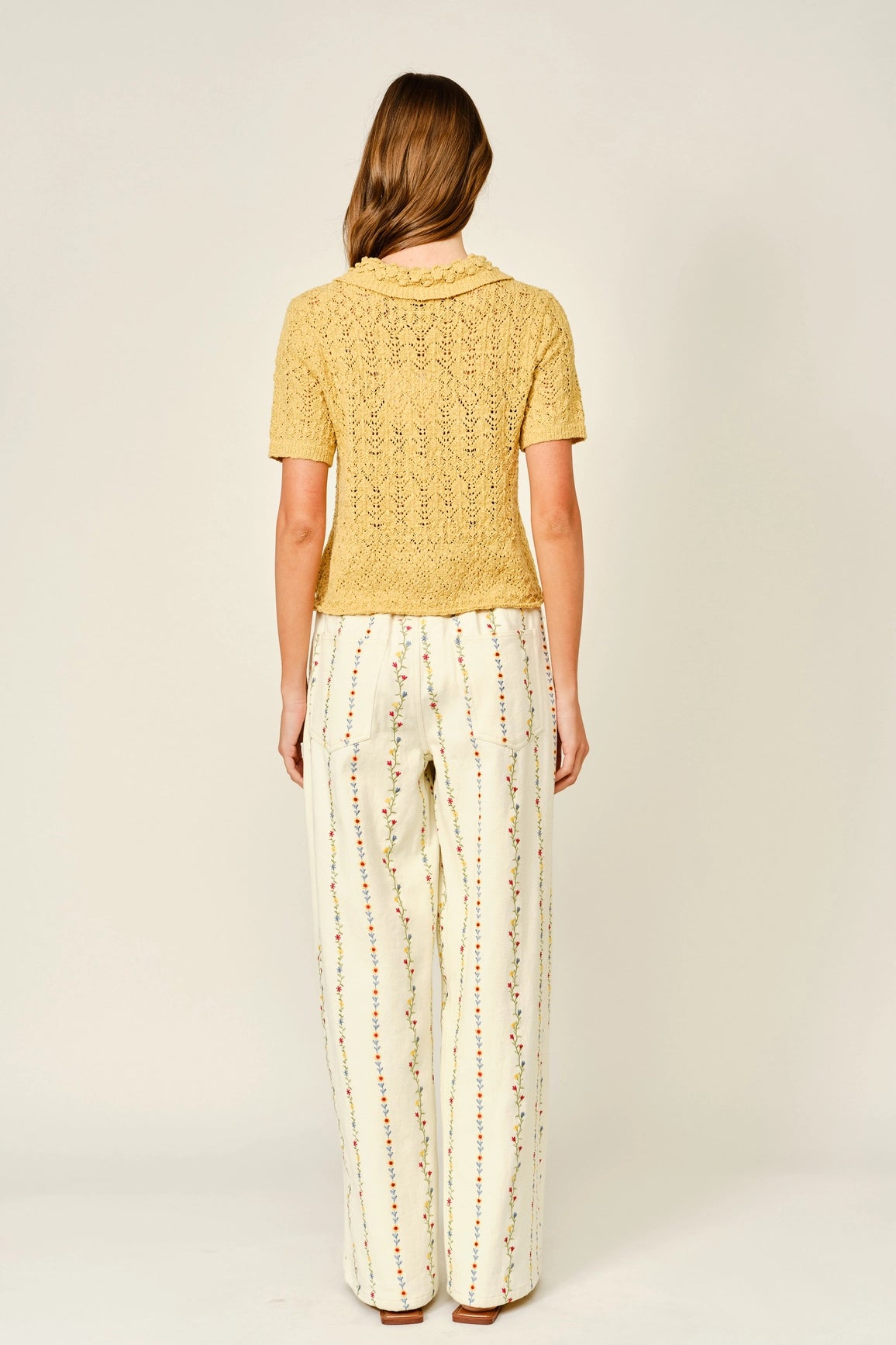 Floral Embroidered Pleated Pants