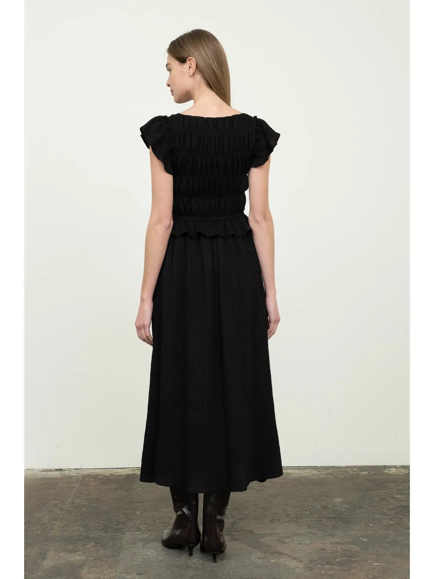 Shirred V Neck Midi Dress