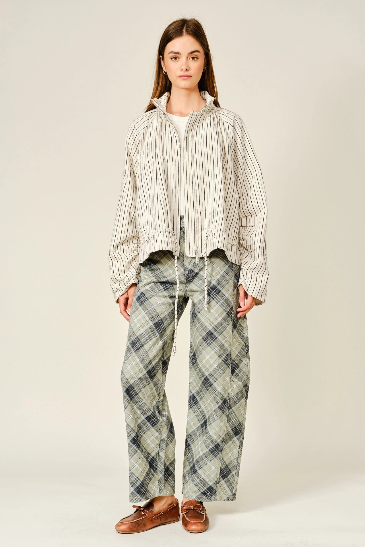 Pinstripe Funnel Neck Balloon Jacket