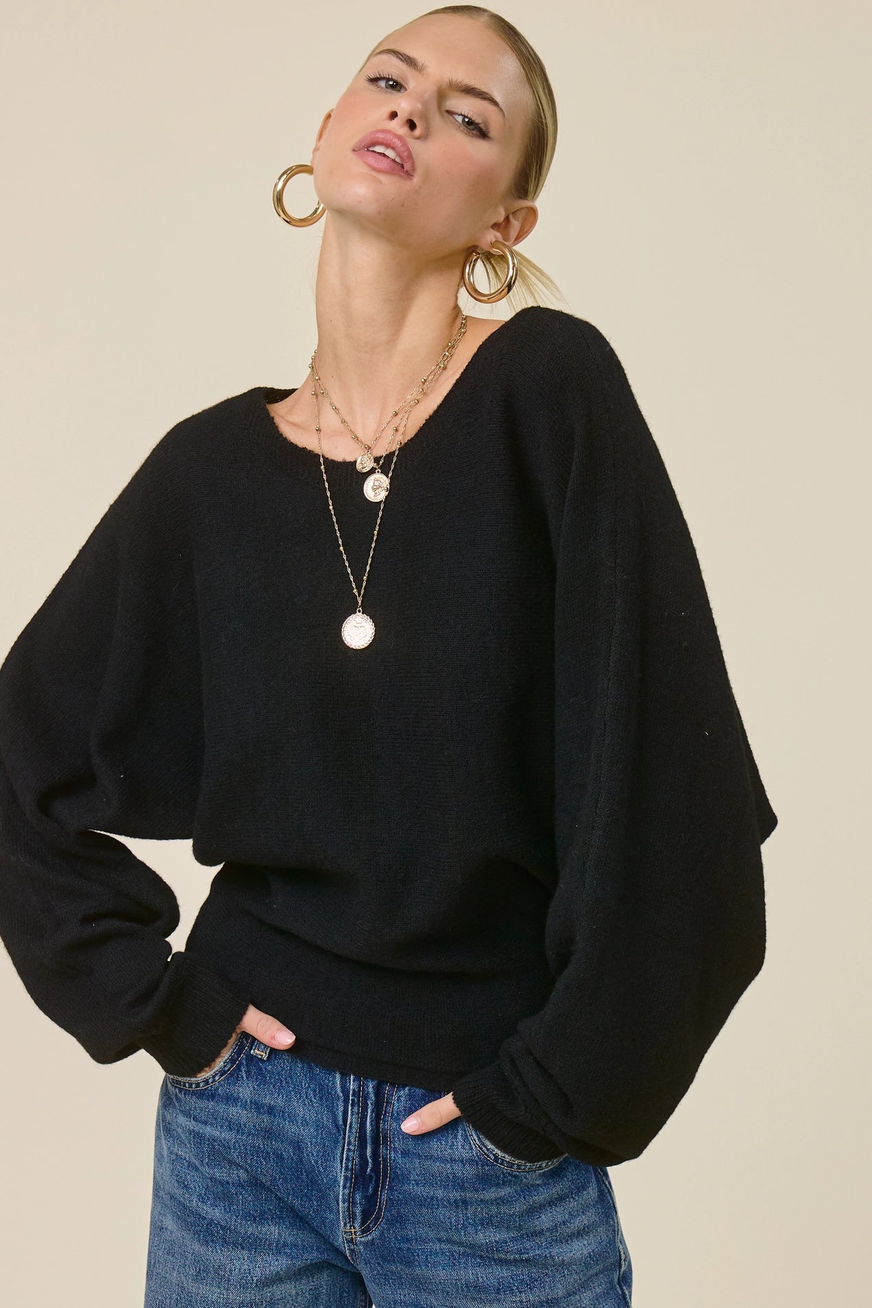 Slouchy Dolman Sleeve Knit Sweater - Black