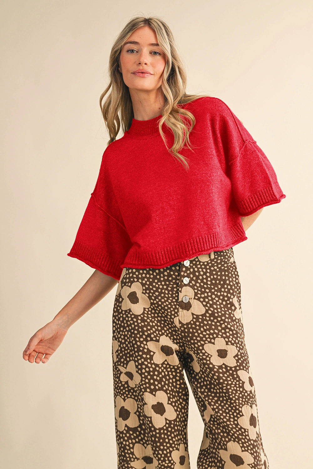 Cropped Knit Short Sleeve Sweater - Red