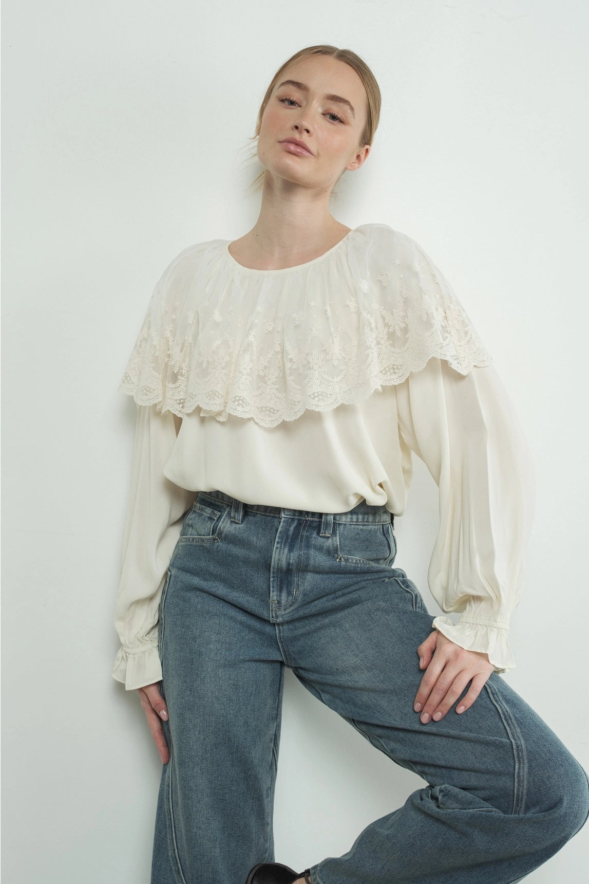 Lace Cape Blouse Top - Cream