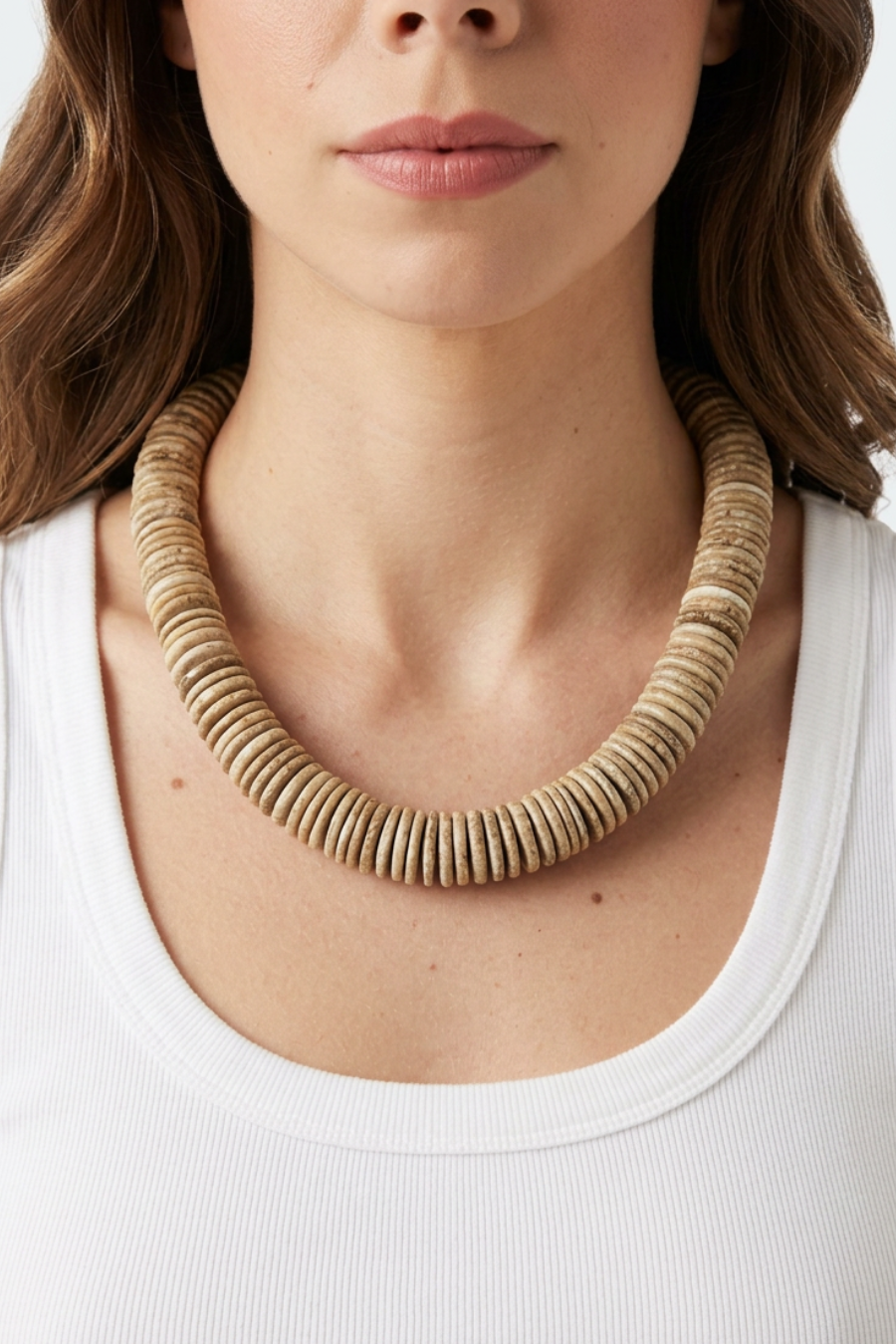 Wooden Disc Beaded Necklace - Beige