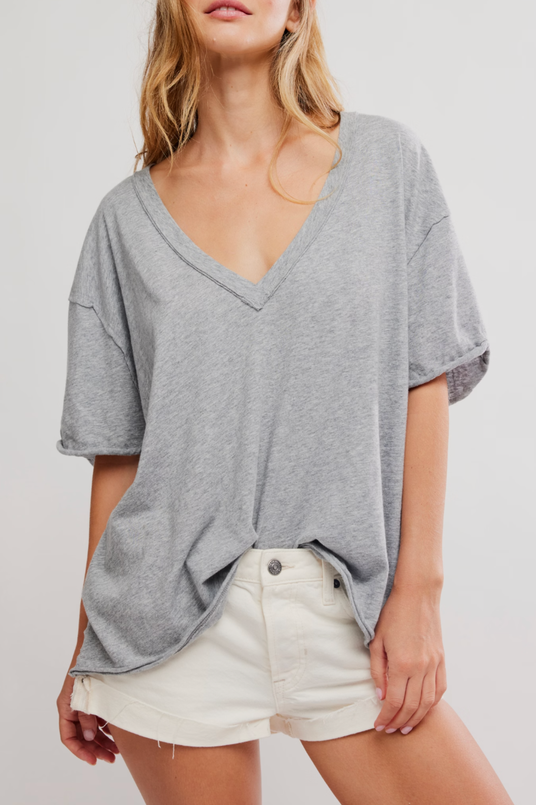 Free People Nina V Neck Tee - Heather Grey