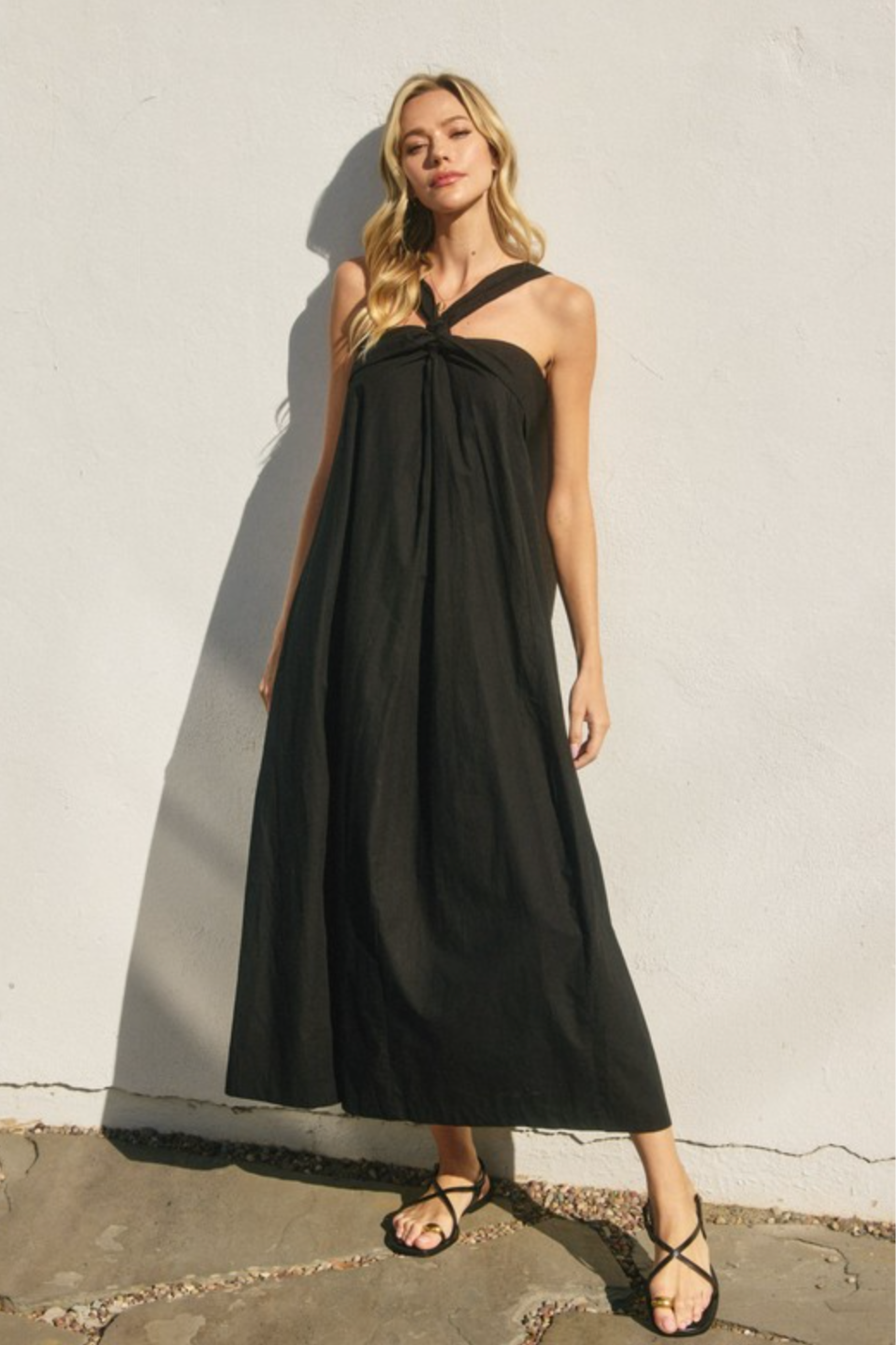 Cotton Halter Neck Maxi Dress - Black