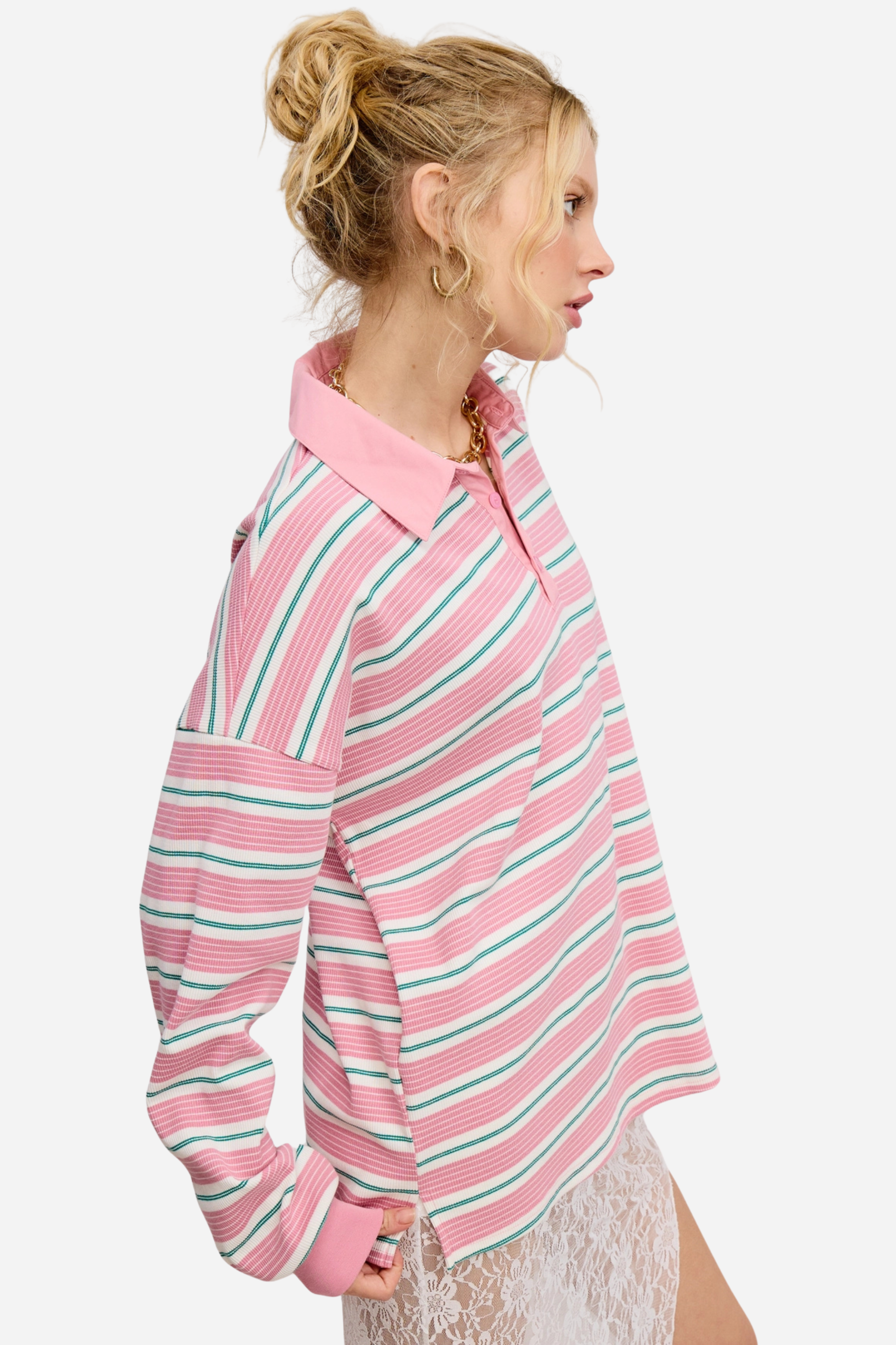 Stripe Oversized Polo Shirt - Pink