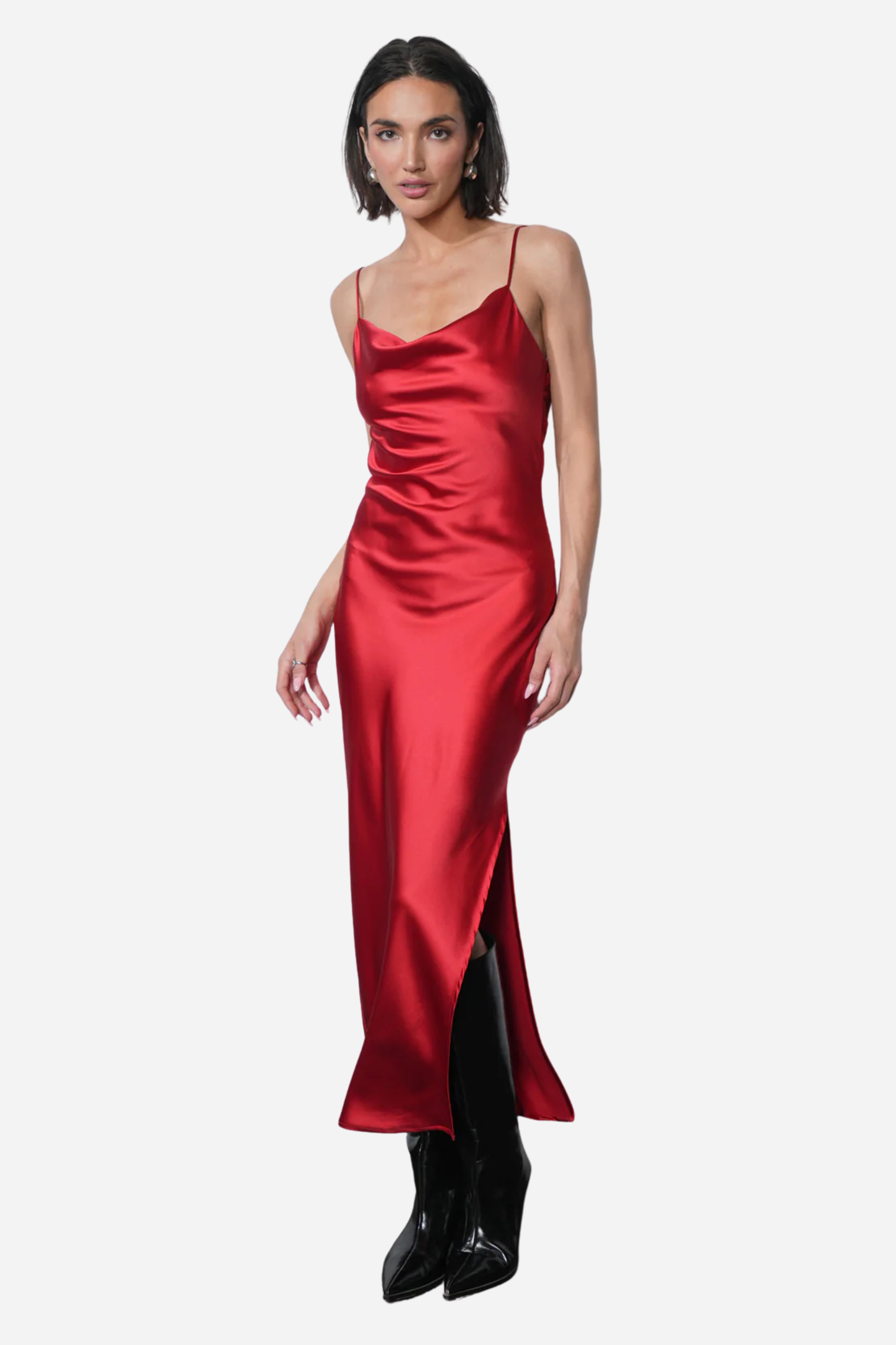 satin cowl neck maxi dress Isla Finish: Varnished Color:Lemon Multi Floor length Summer Vacation Outfits: Bikinis,