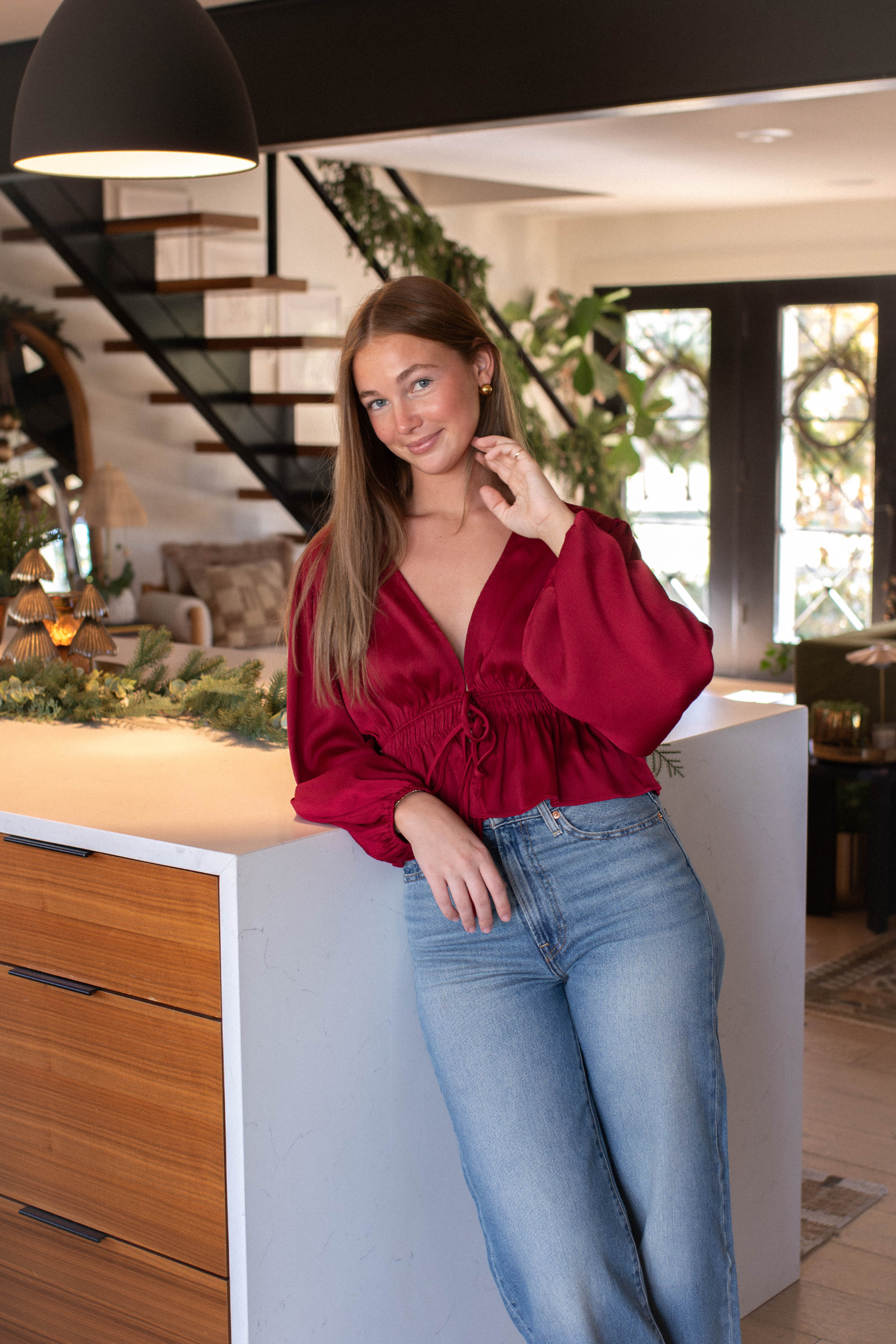 Deep V Peasant Blouse - Burgundy