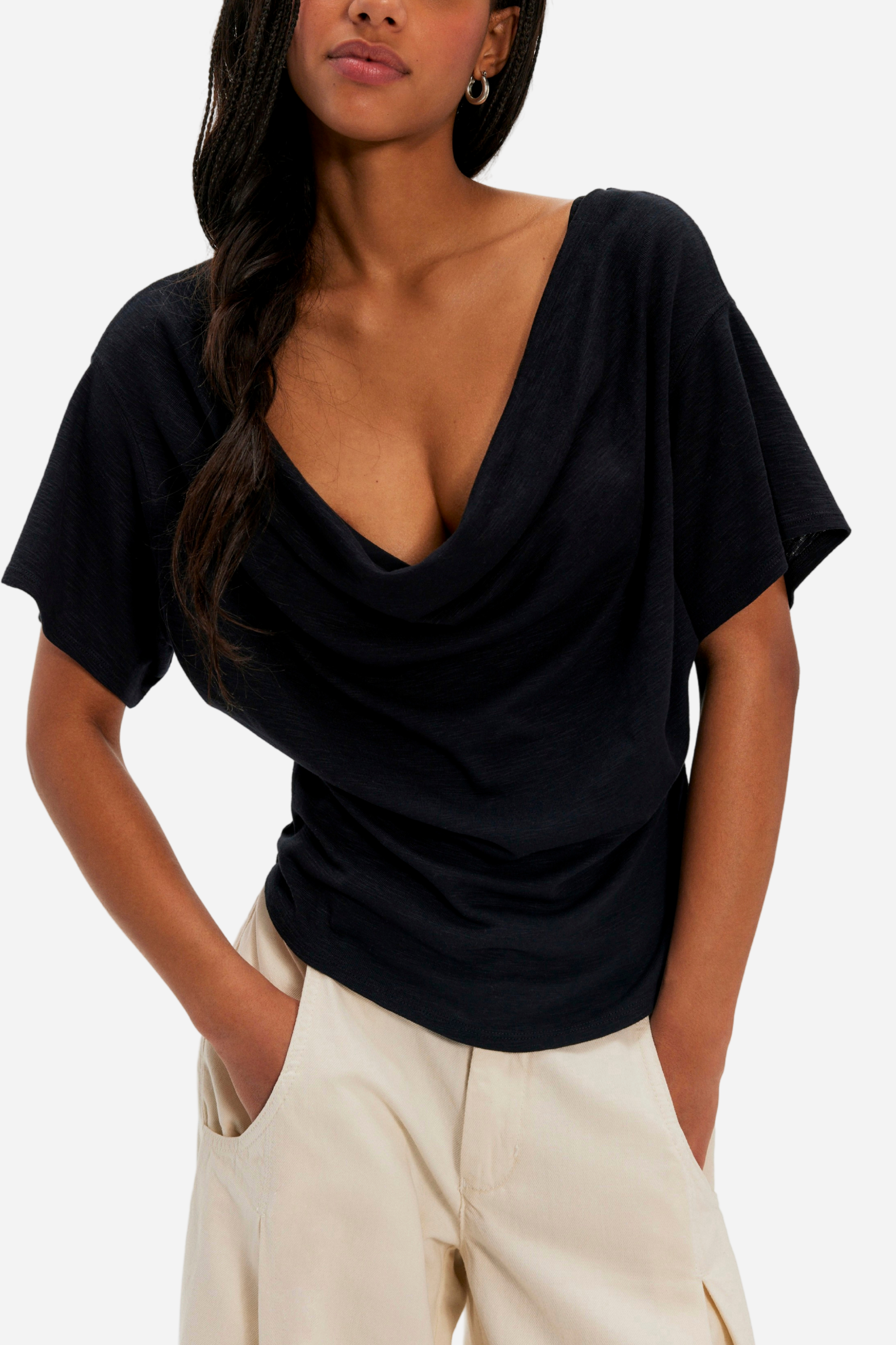 Free People Waterfall Cowl Neck Top - Black