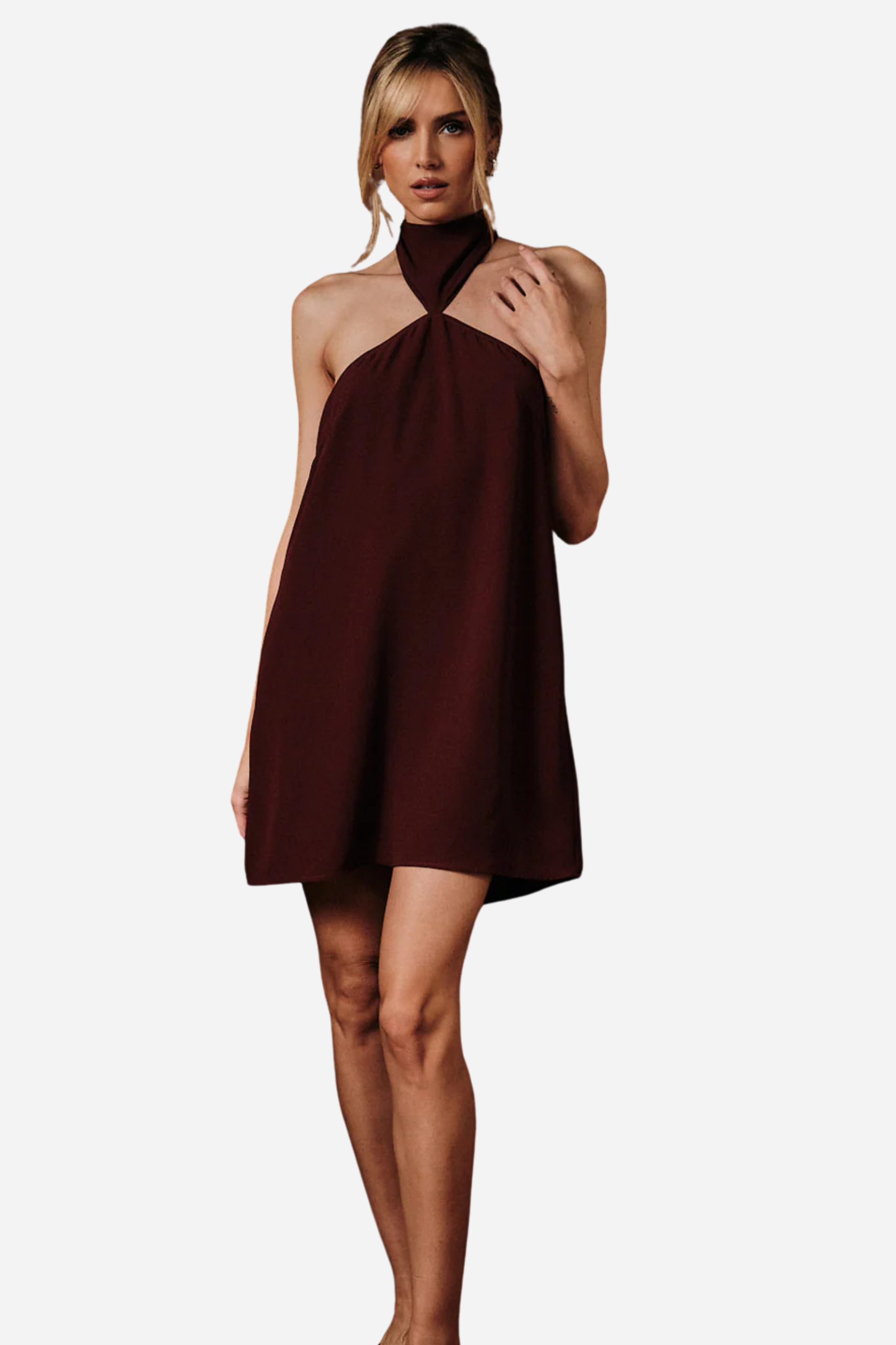 Satin Halter Neck Mini Dress - Wine