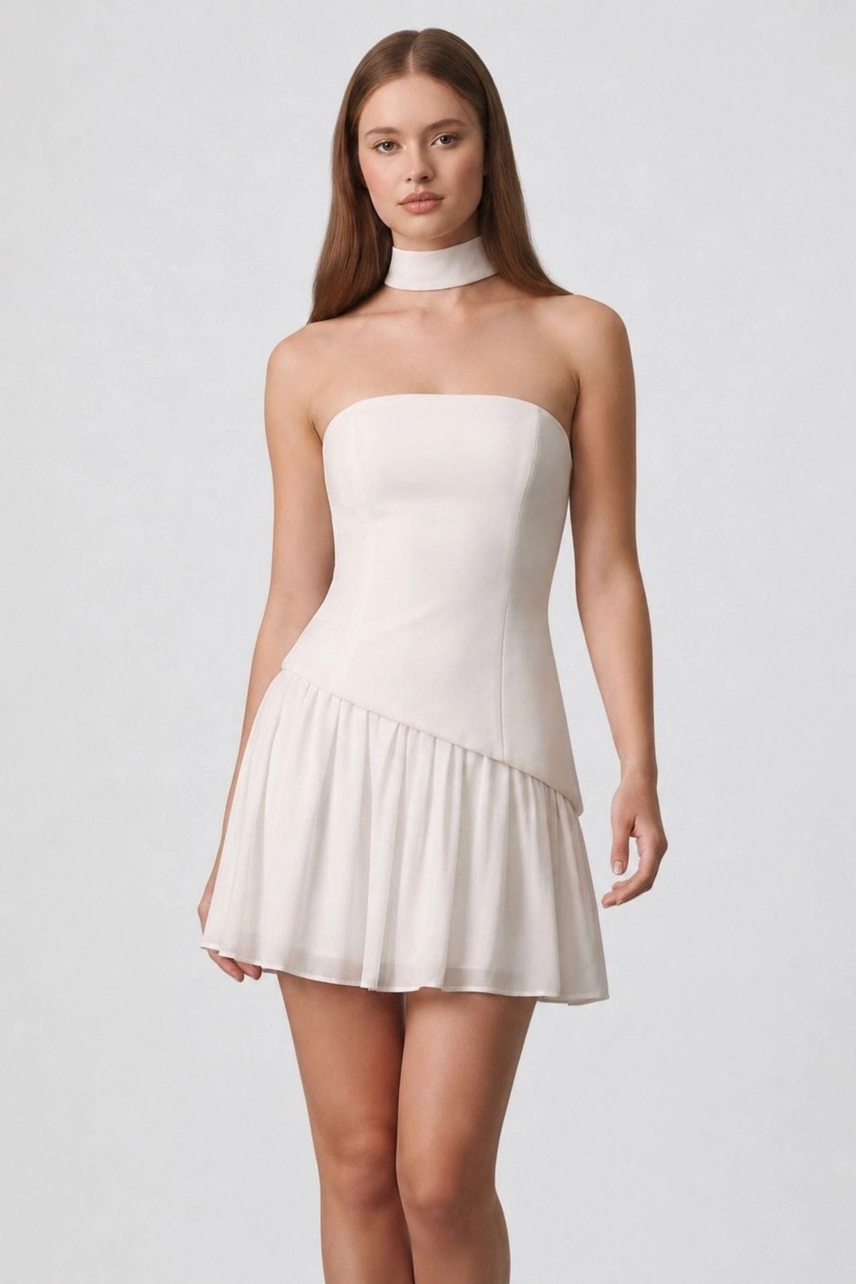 Asymmetrical Lace Up Mini Dress - White