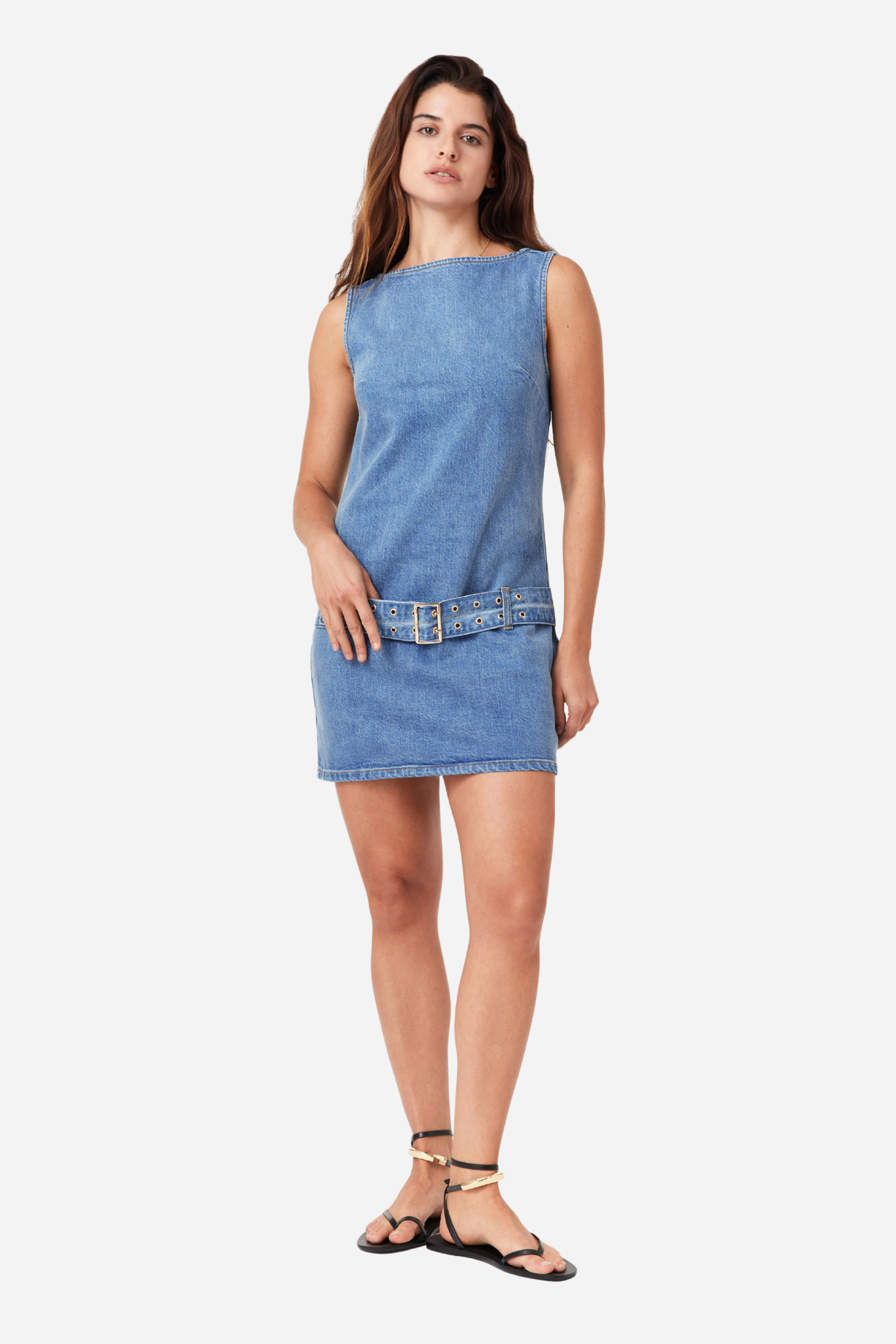 belted denim mini dress Collared V Neck Belted Denim Mini Dress In Washed Brown Denim | EGO US