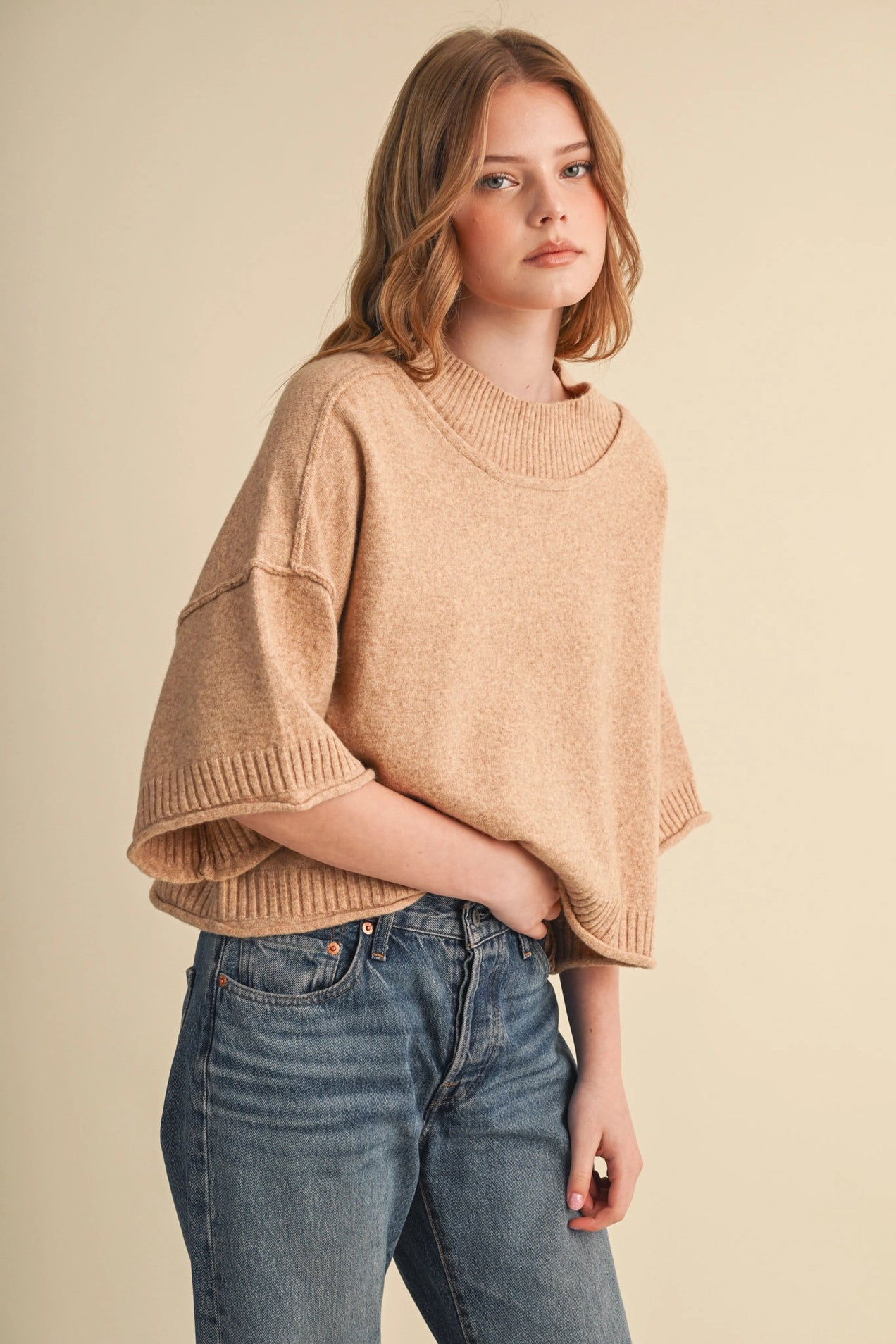 Cropped Knit Short Sleeve Sweater - Oat Beige