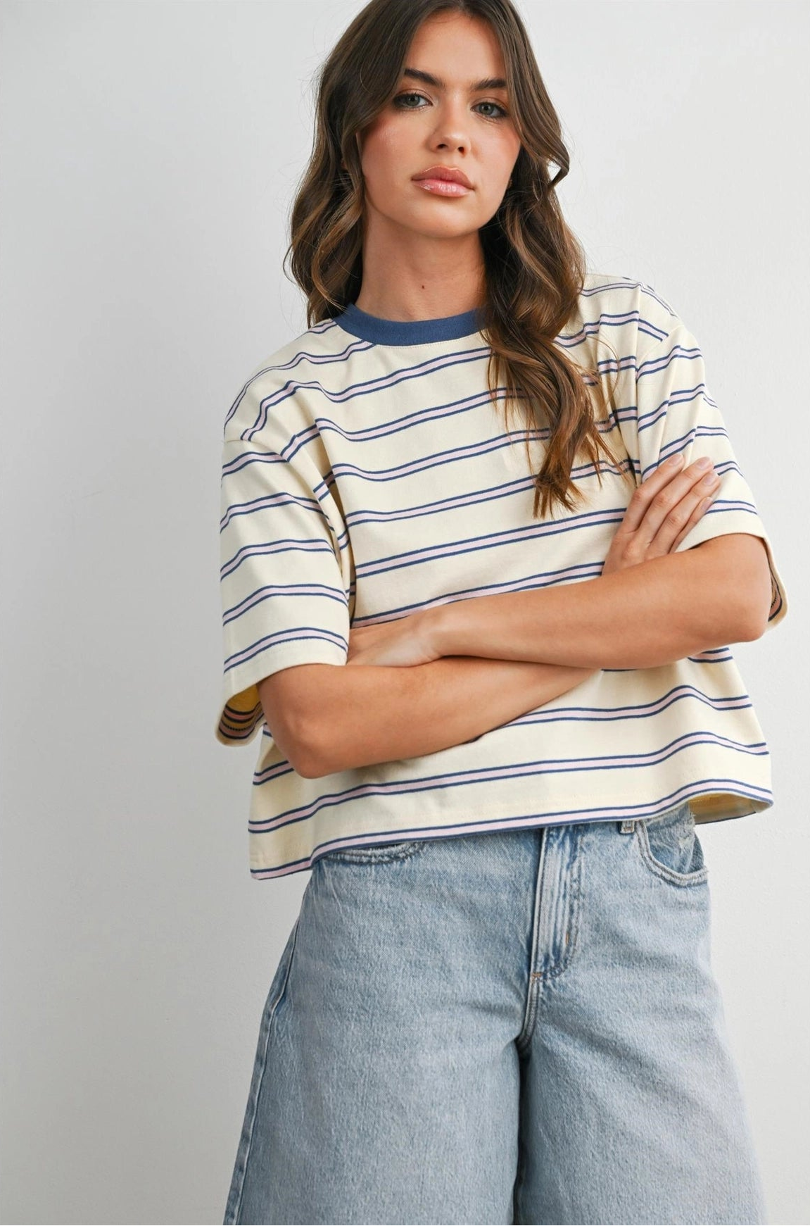 Striped Boxy Cropped Tee - Ivory/Blue