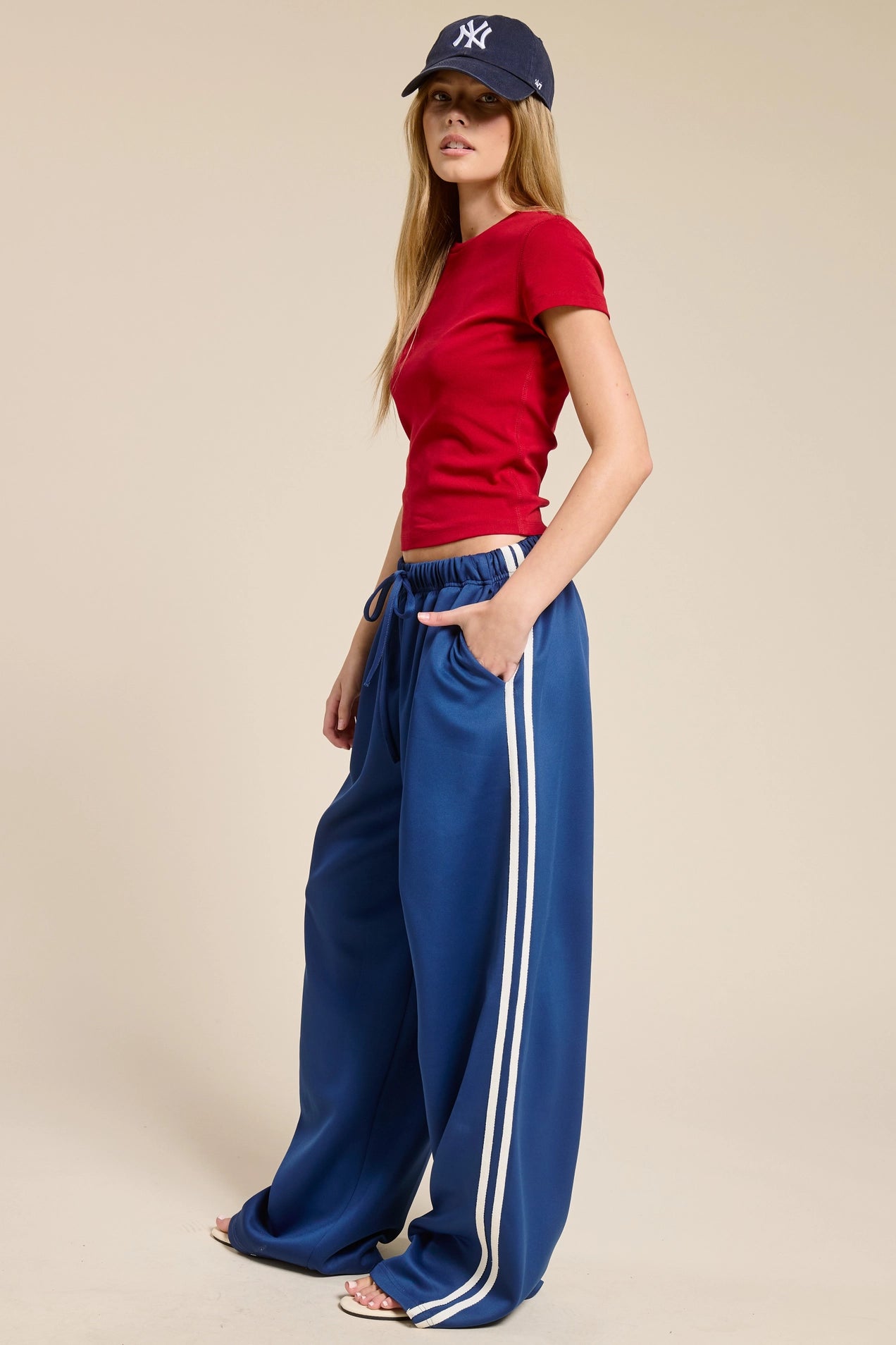 Wide Leg Satin Track Pants - Blue