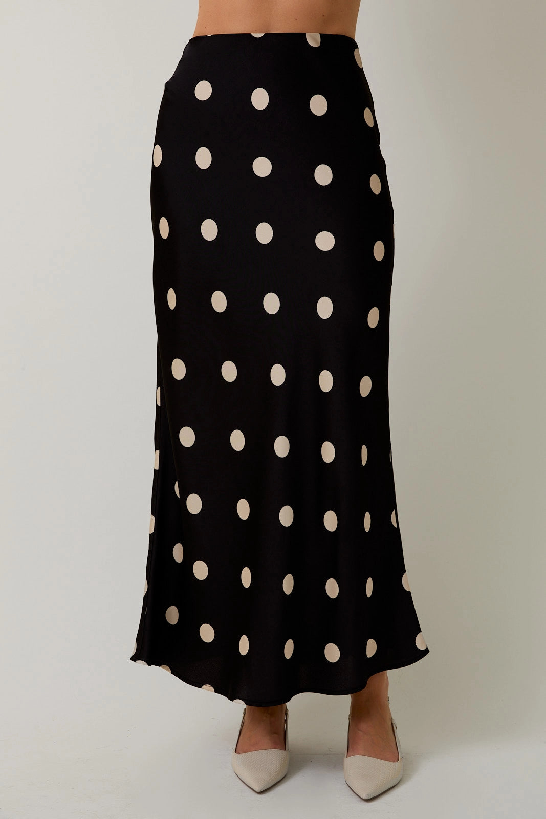 Polka Dot Satin Midi Skirt - Black