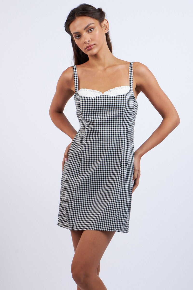 Checkered Lace Mini Dress - Black - L Checkered Lace Mini Dress - Black - L