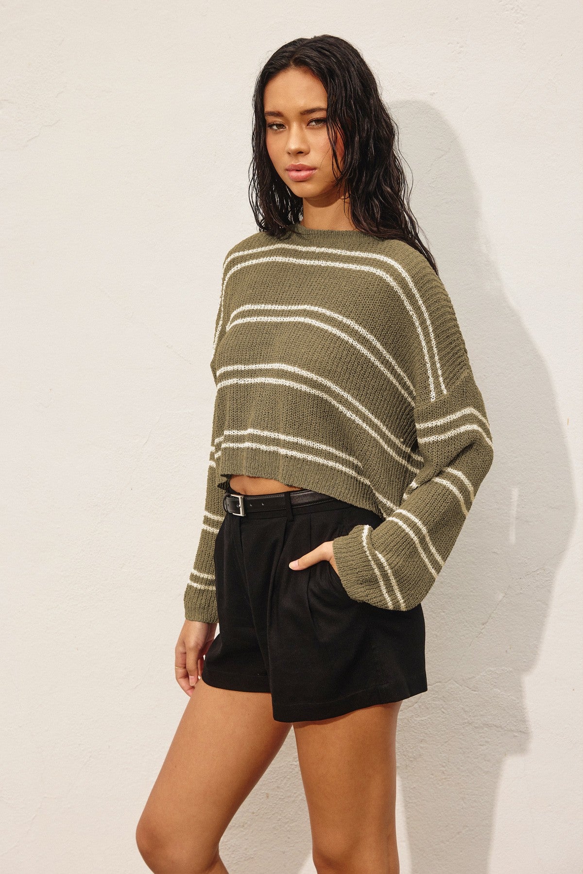 Double Stripe Knit Sweater - Olive
