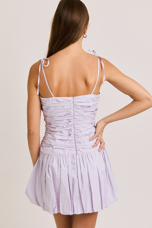 Tie Shoulder Bubble Hem Mini Dress - Lavender