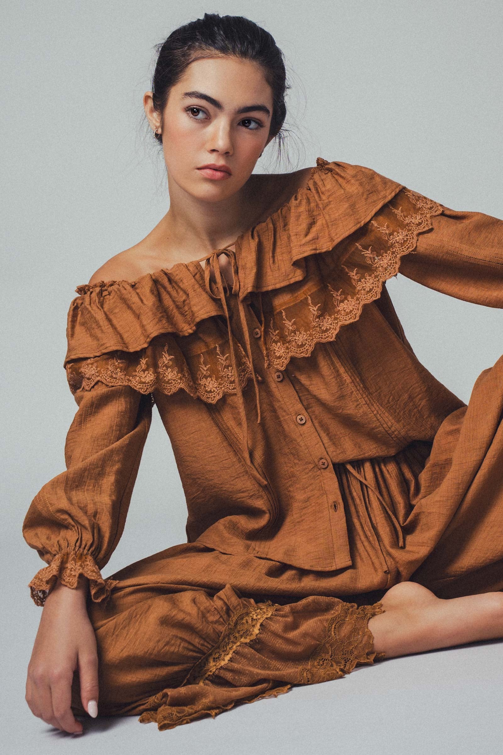 Lace Ruffled Blouse - Brown