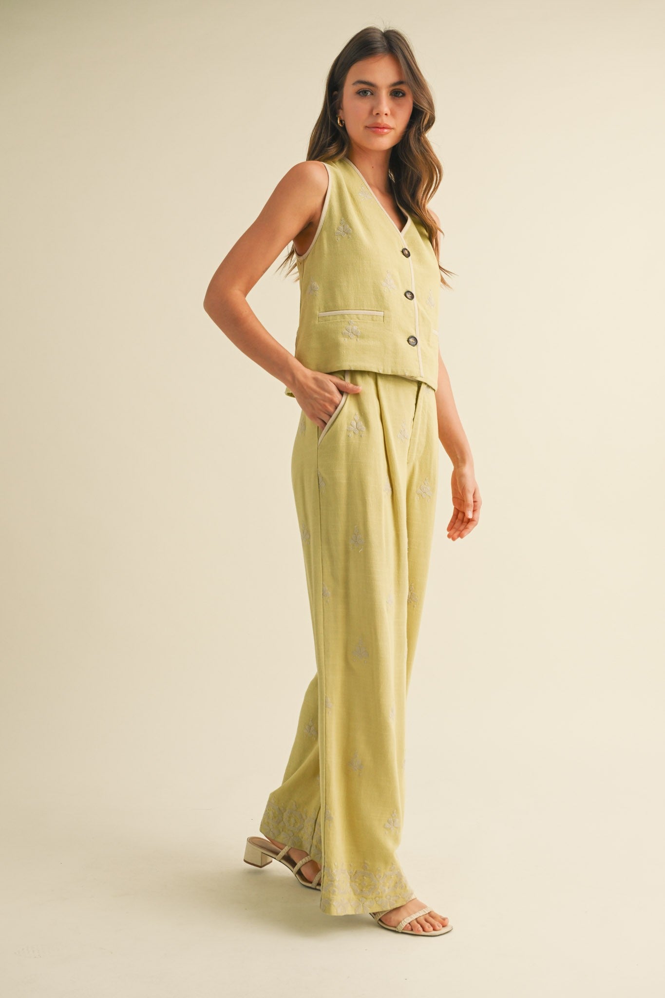 Embroidered Wide Leg Pant Set