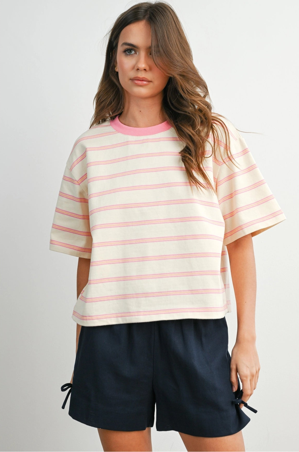 Striped Boxy Cropped Tee - Ivory/Pink