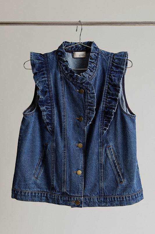 Ruffle Detail Denim Vest