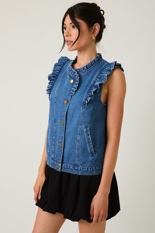 Ruffle Detail Denim Vest