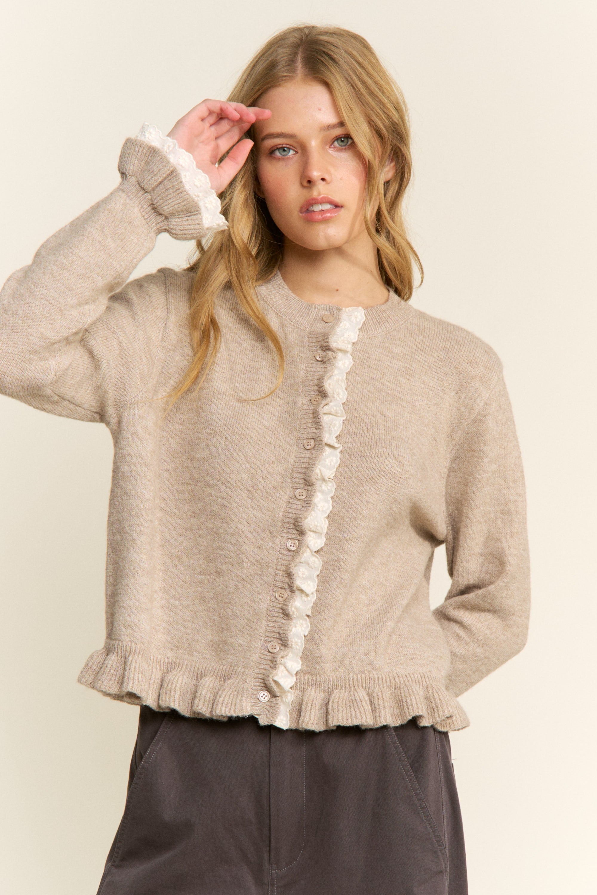 Ruffle Trim Cardigan - Oatmeal