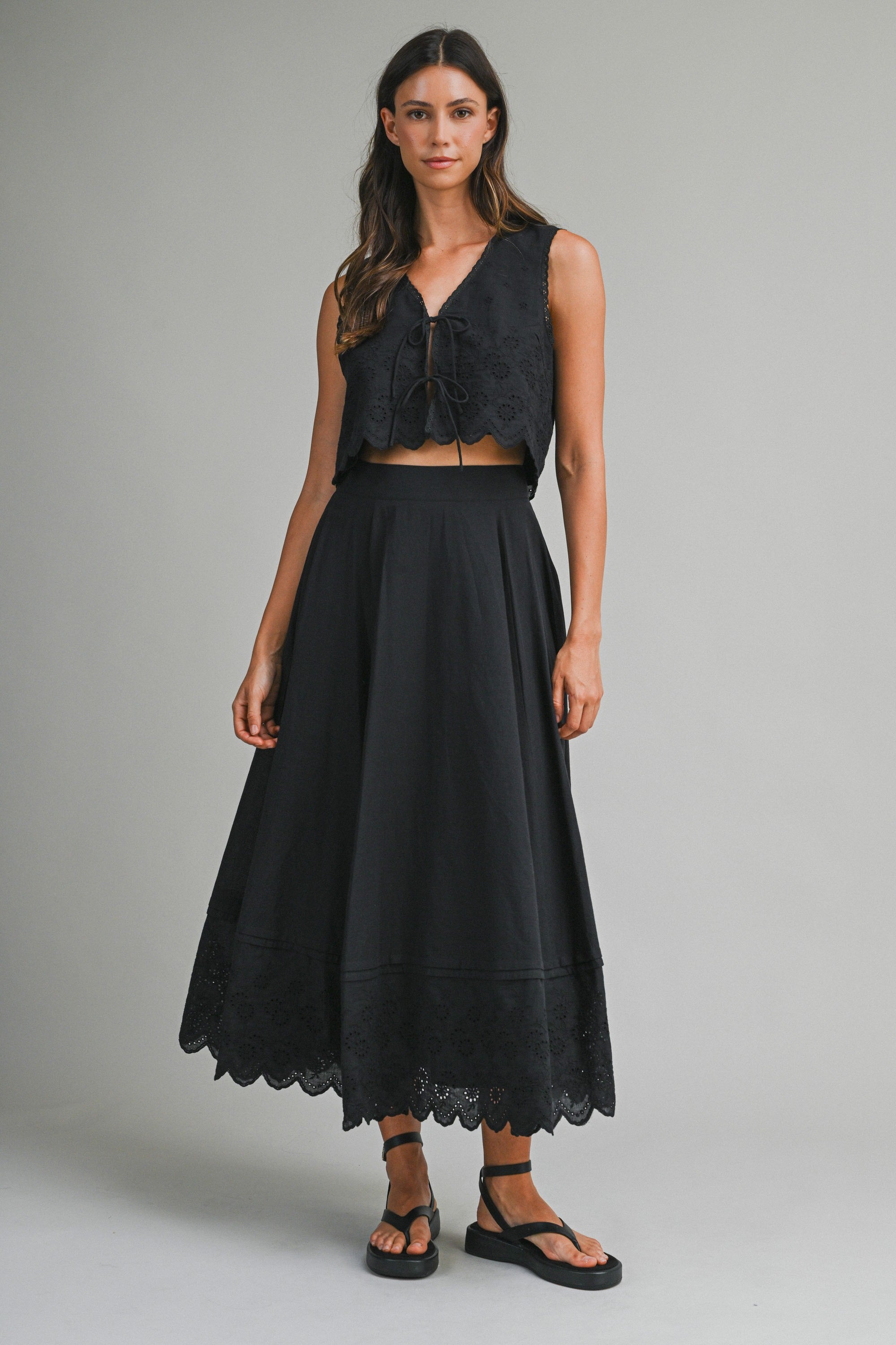 Eyelet Crop Top And Skirt Set - Black