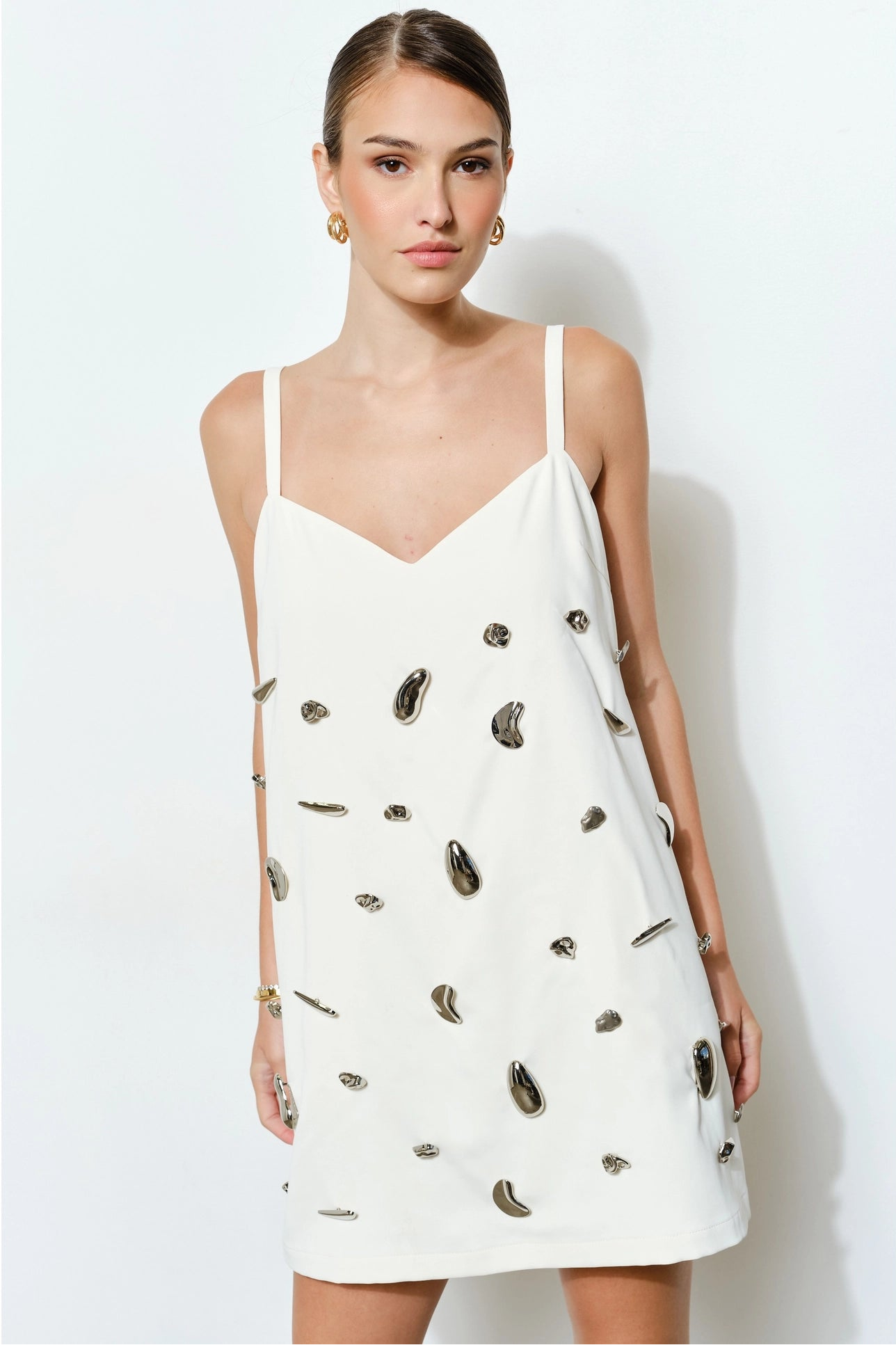 Metallic Embellished Mini Dress - White
