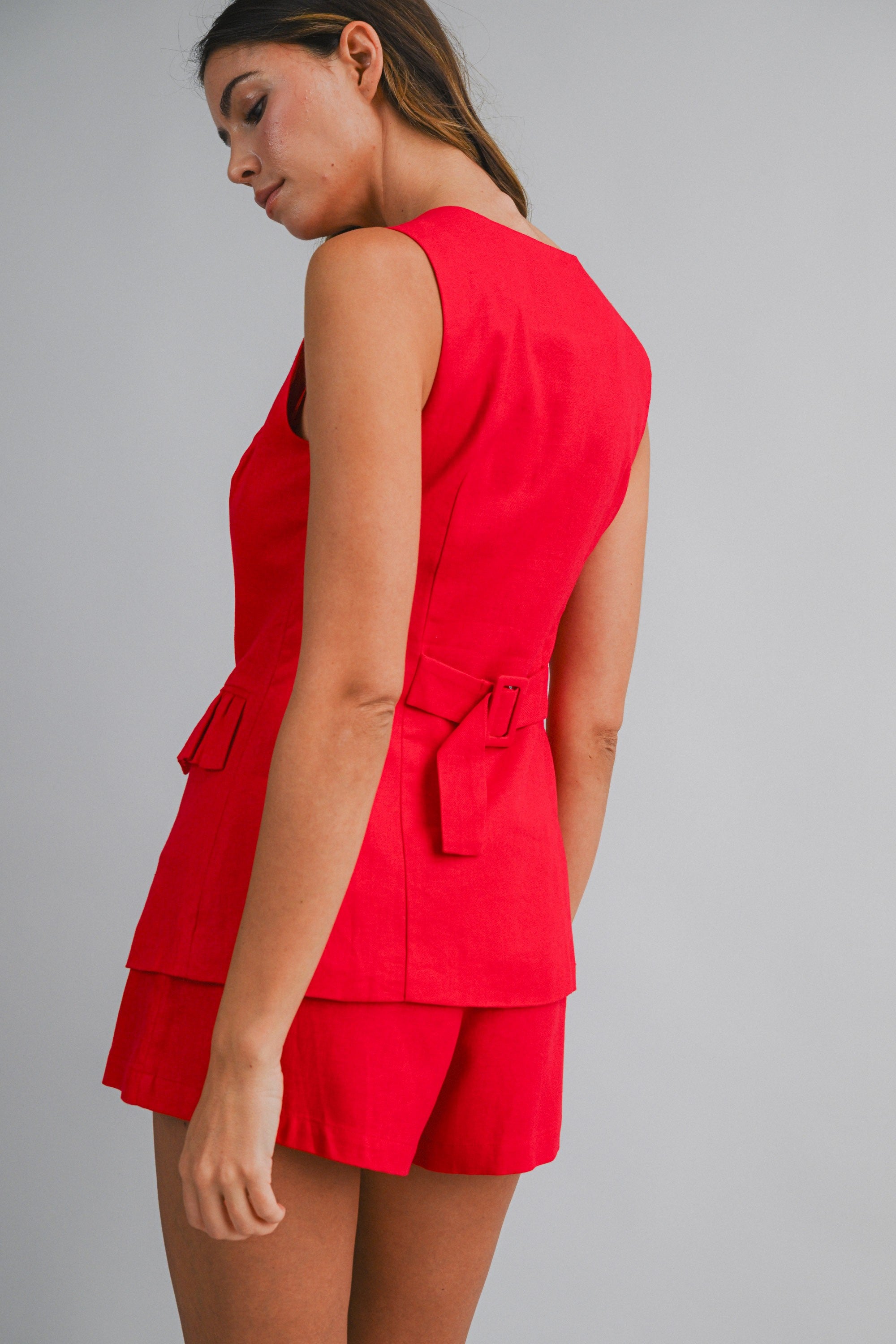 Linen Vest Set - Red