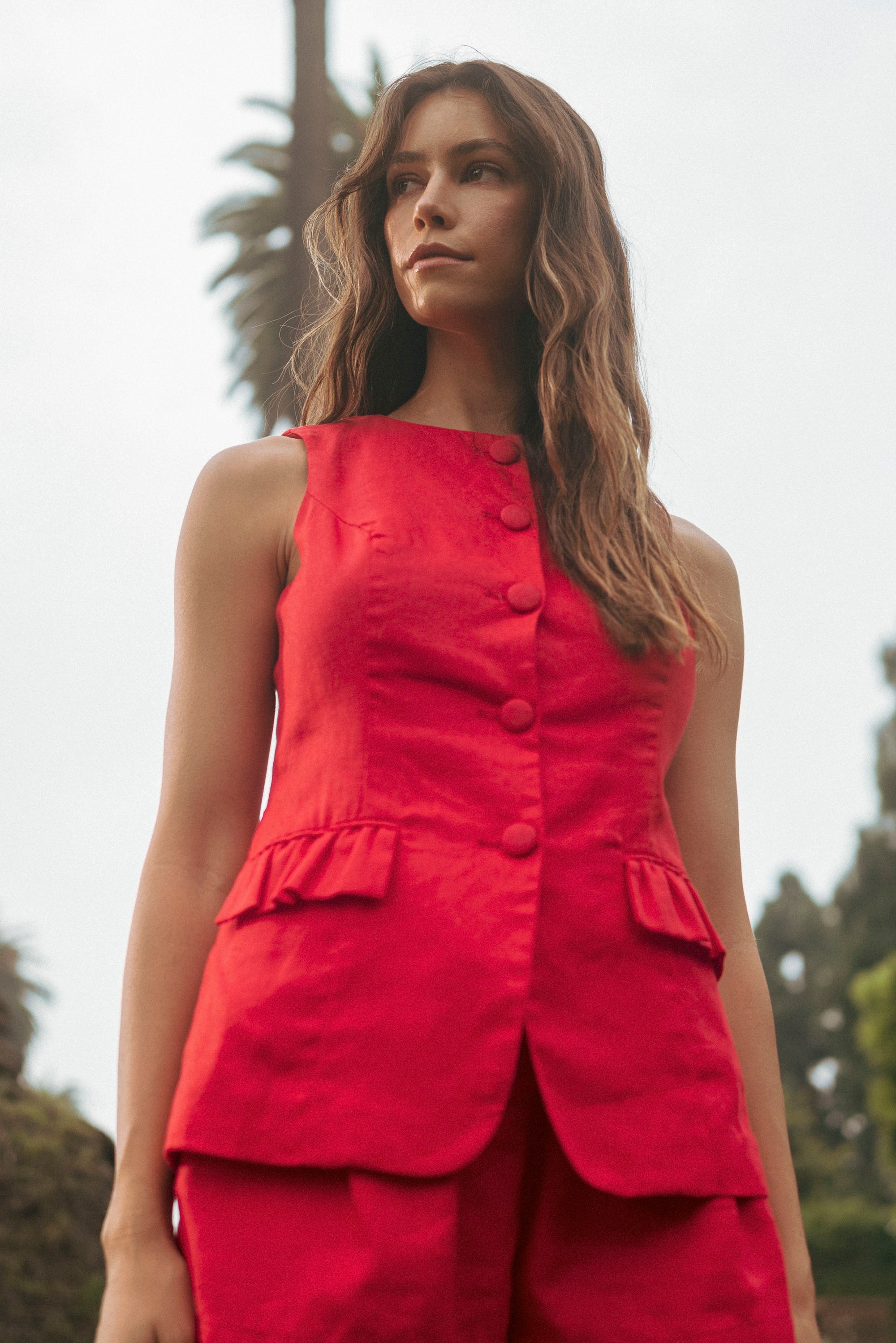 Linen Vest Set - Red