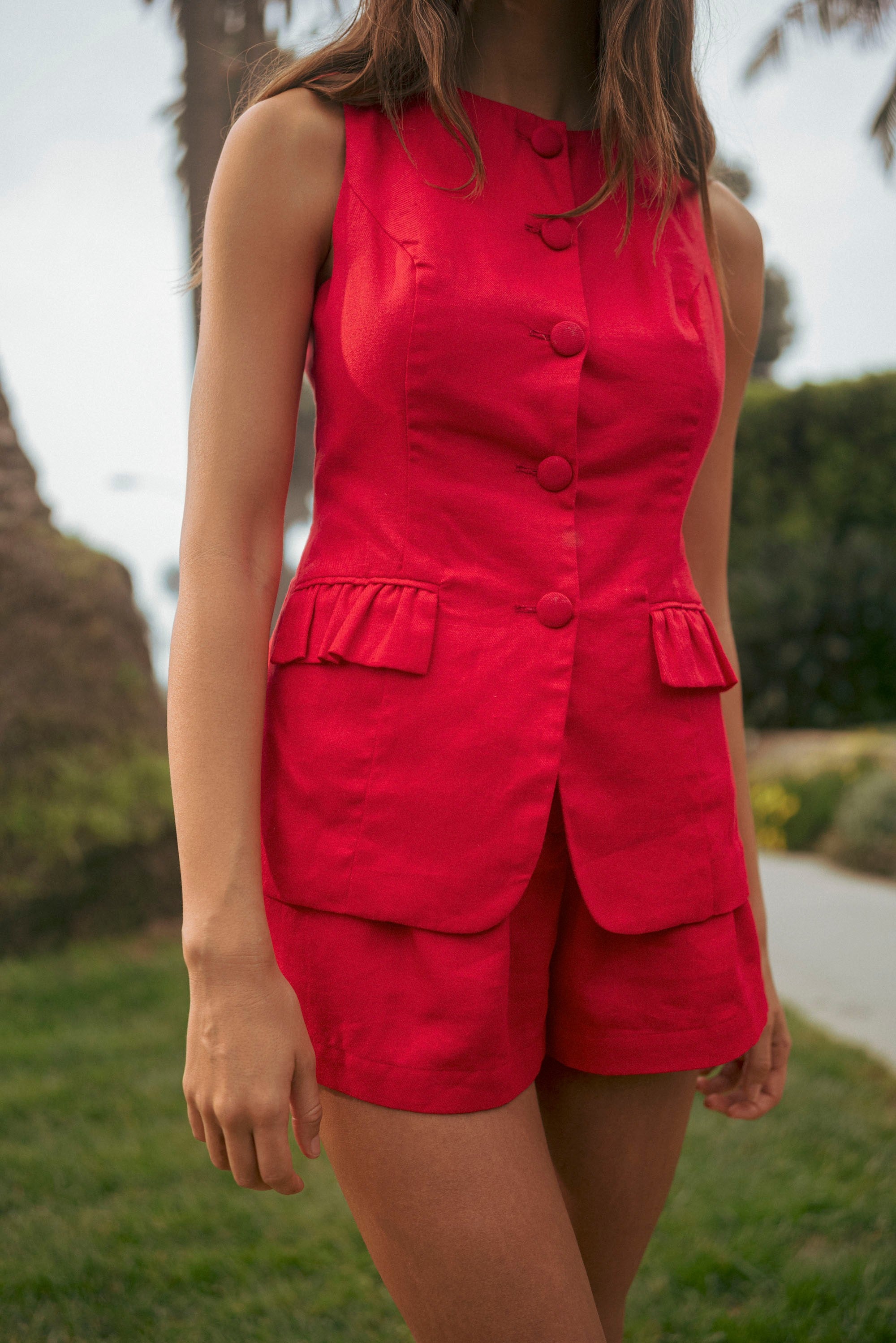 Linen Vest Set - Red