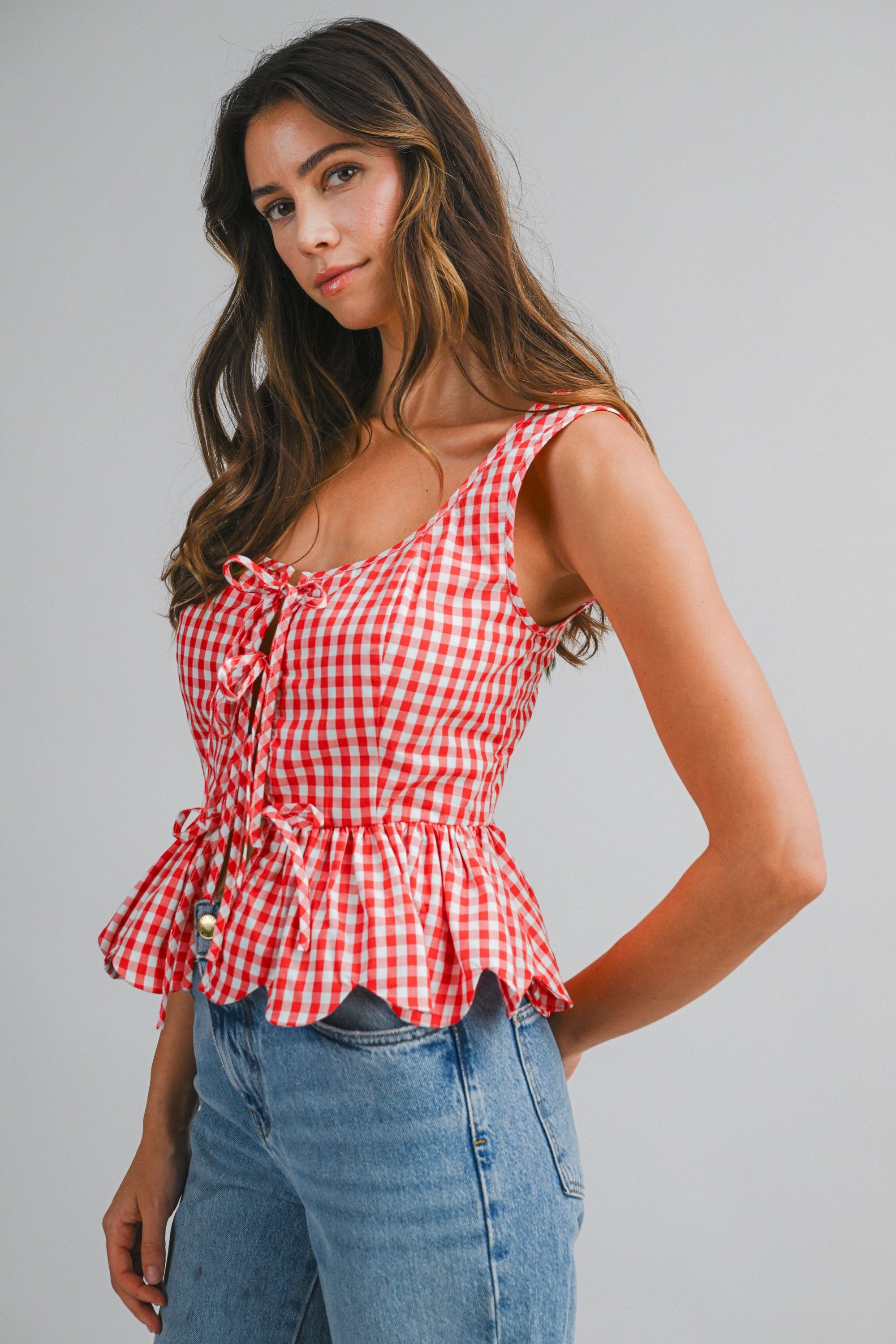 Gingham Front Tie Tank Top