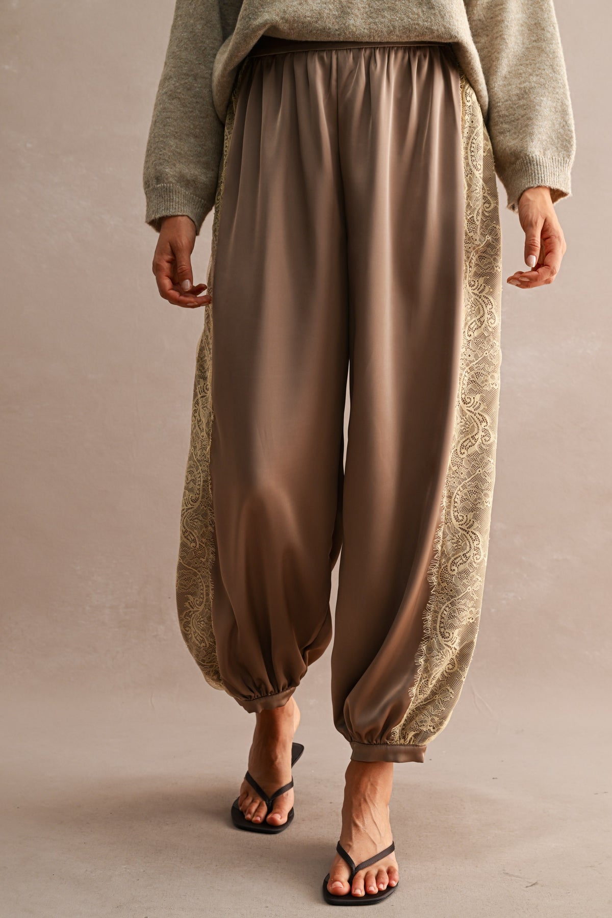 Lace Trim Satin Balloon Pants