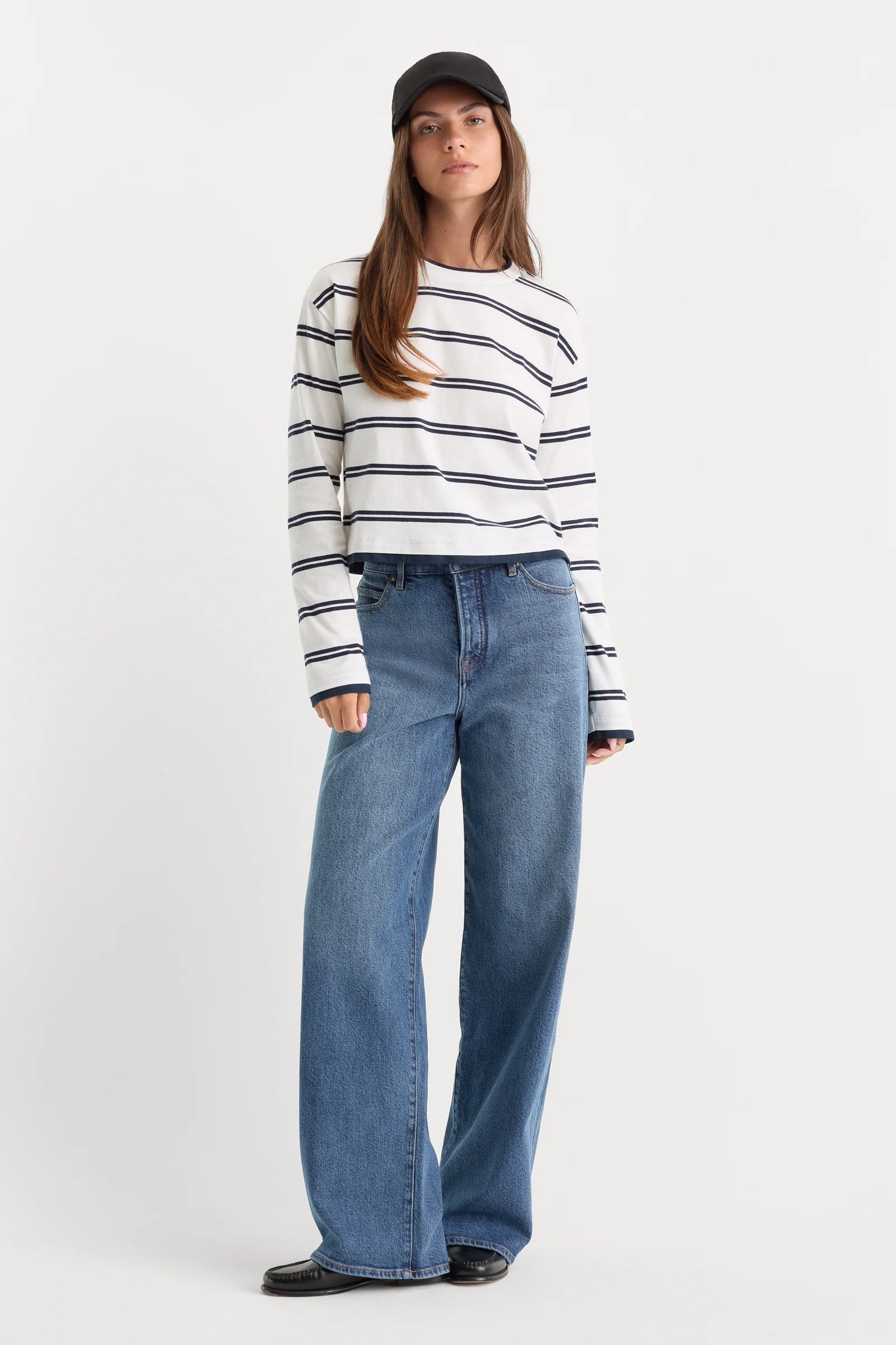 Good American - The Long Sleeve Layered Tee - Navy Double Stripe