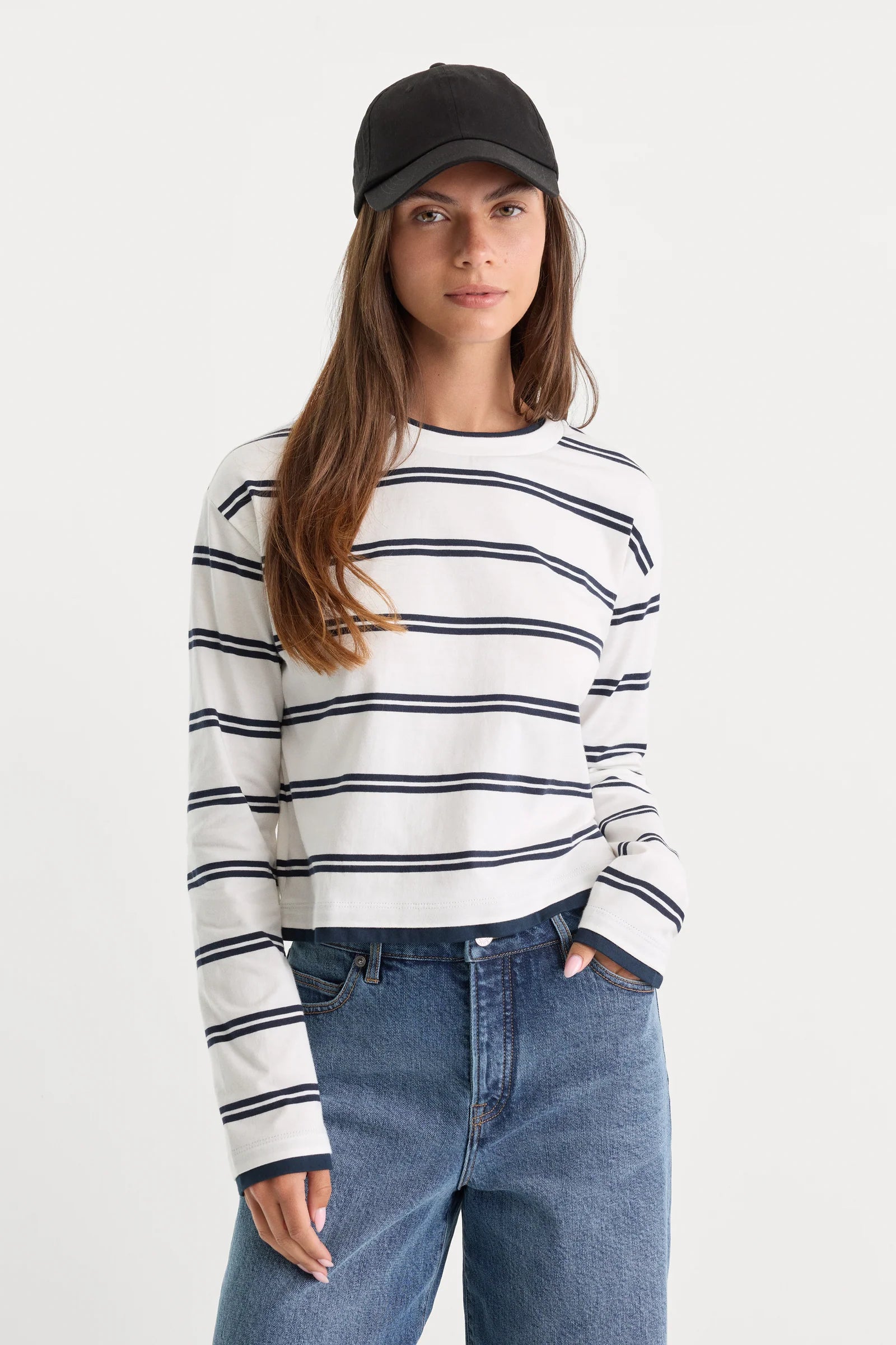 Good American - The Long Sleeve Layered Tee - Navy Double Stripe