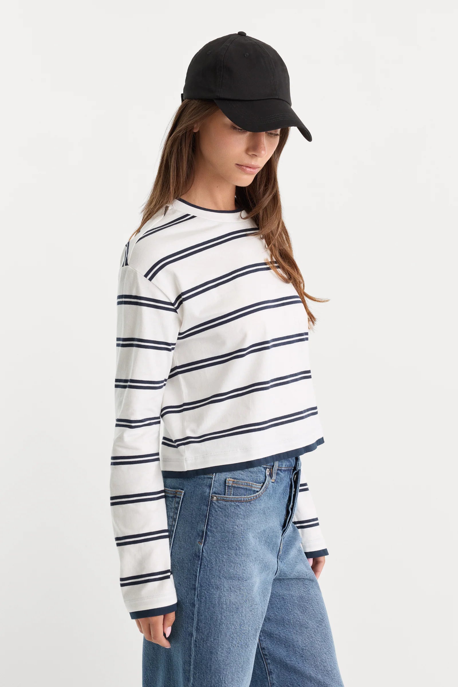 Good American - The Long Sleeve Layered Tee - Navy Double Stripe
