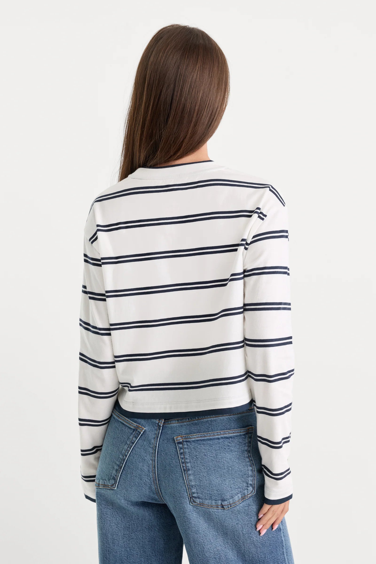 Good American - The Long Sleeve Layered Tee - Navy Double Stripe