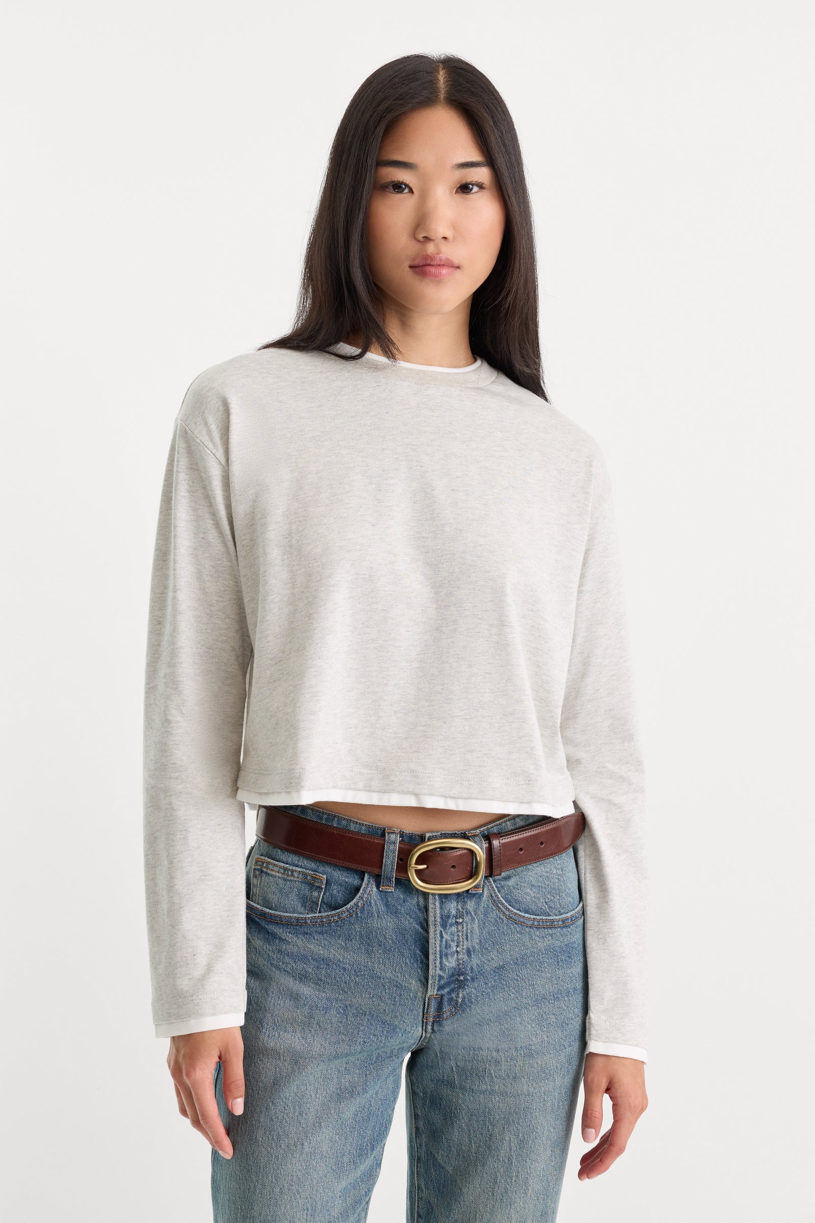 Good American - The Long Sleeve Layered Tee - Heather Grey