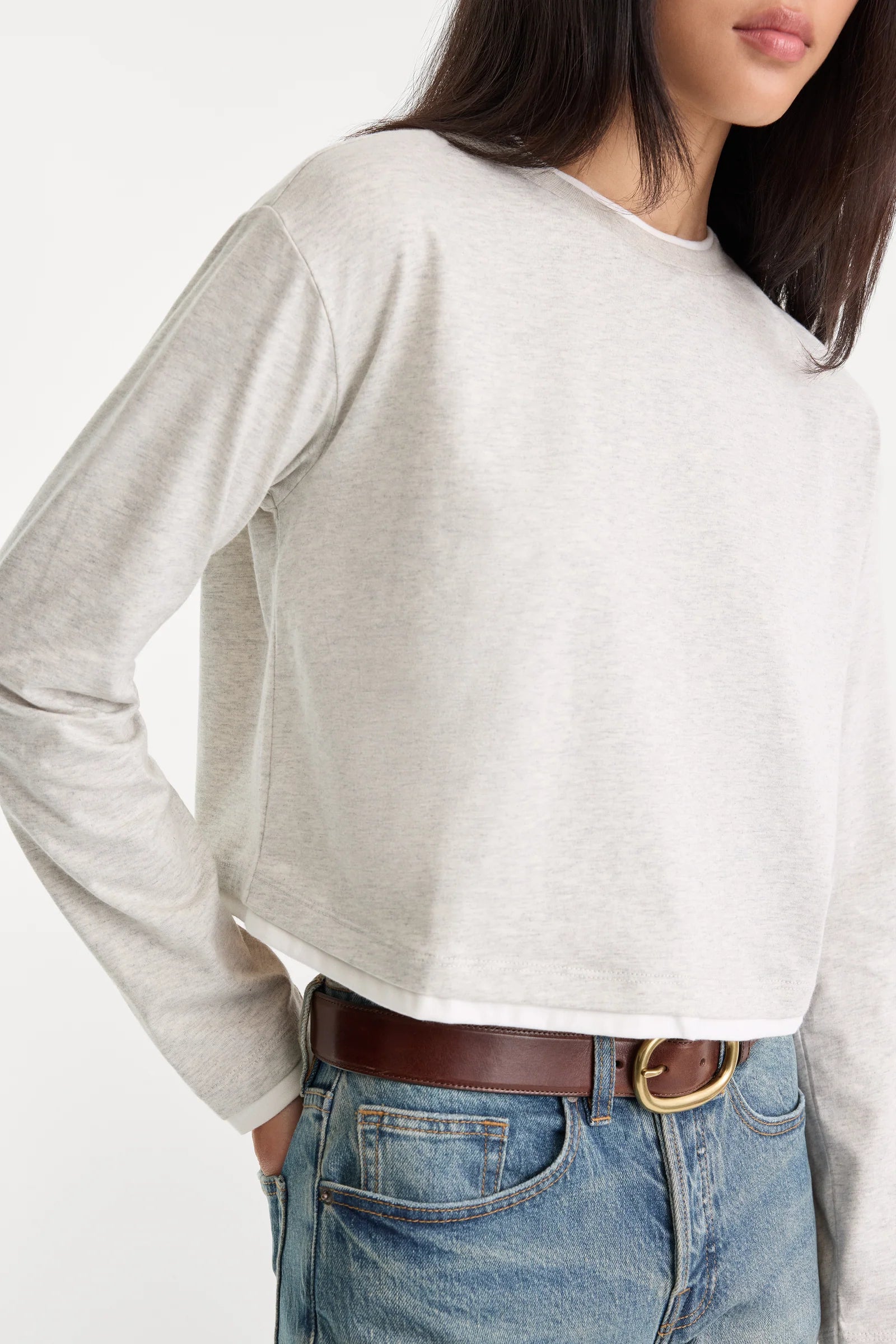 Good American - The Long Sleeve Layered Tee - Heather Grey