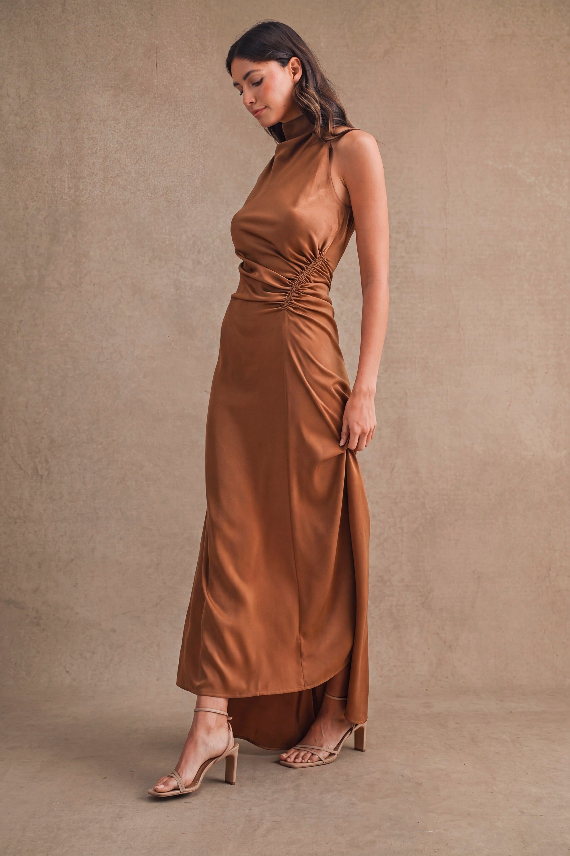 Camille Satin Maxi Dress - Mocha